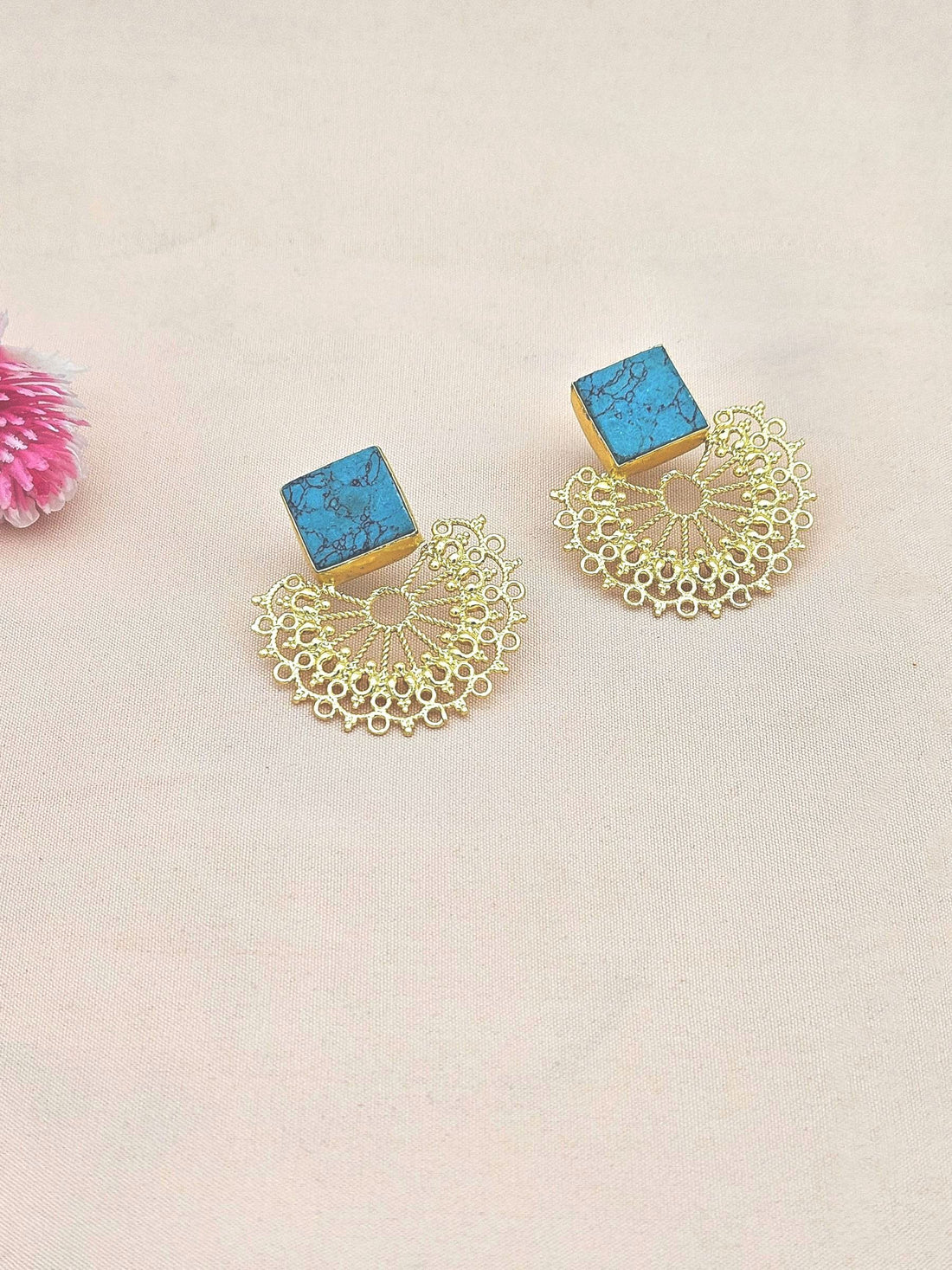 Gorgeous Gold plated Turquoise Choky Stone light Weight Floral Designer Statement Earrings