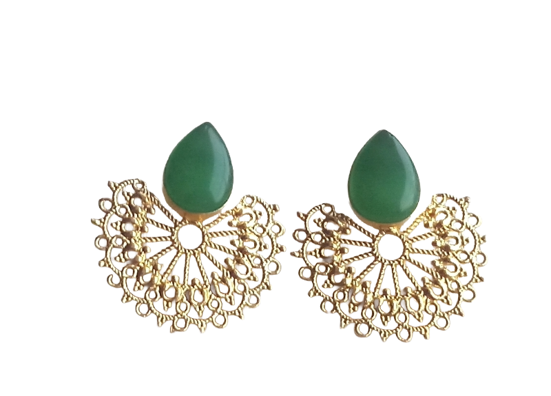 Gorgeous Gold plated Green Onyx Stone light Weight Floral Designer Statement Earrings