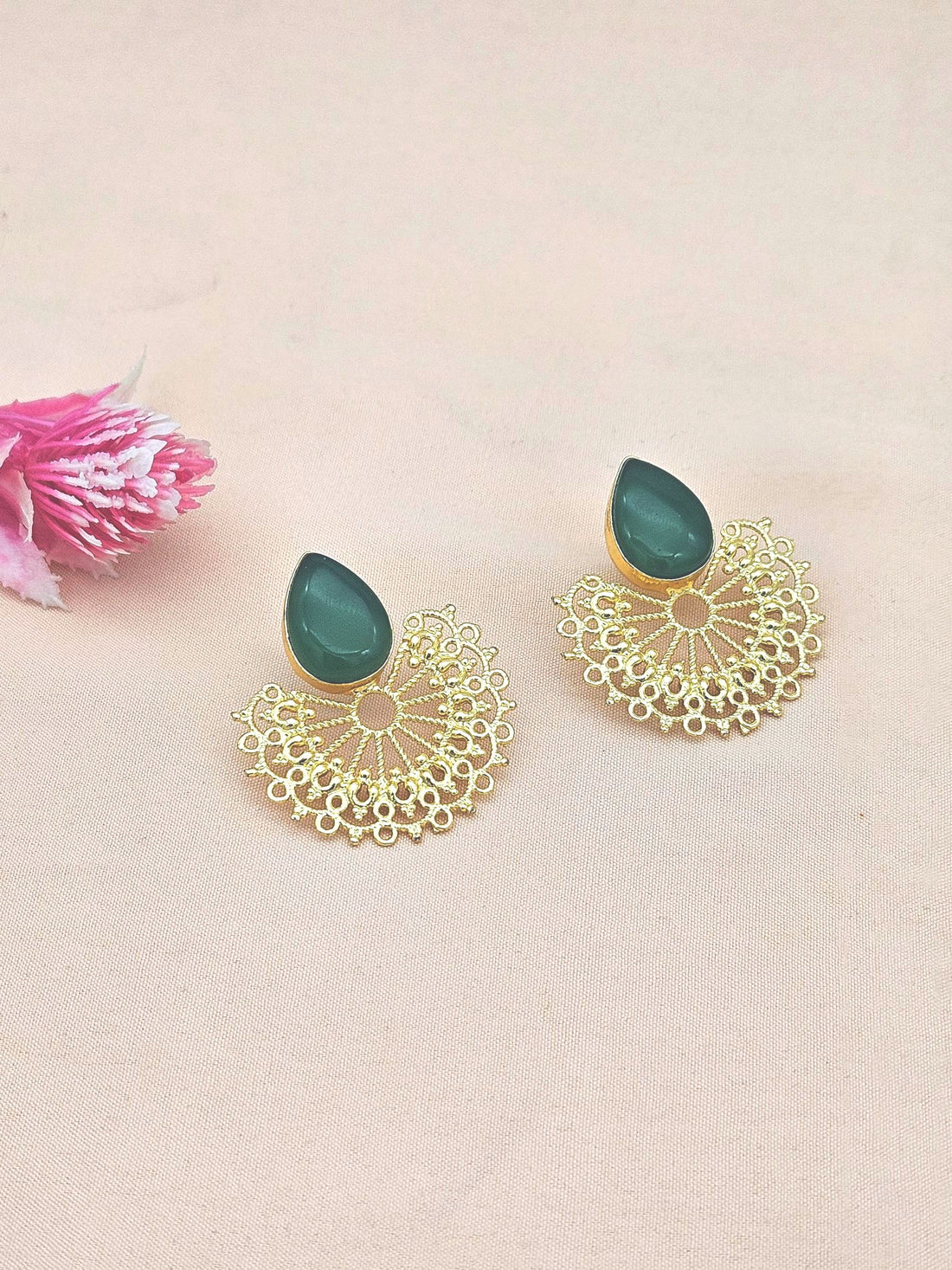 Gorgeous Gold plated Green Onyx Stone light Weight Floral Designer Statement Earrings