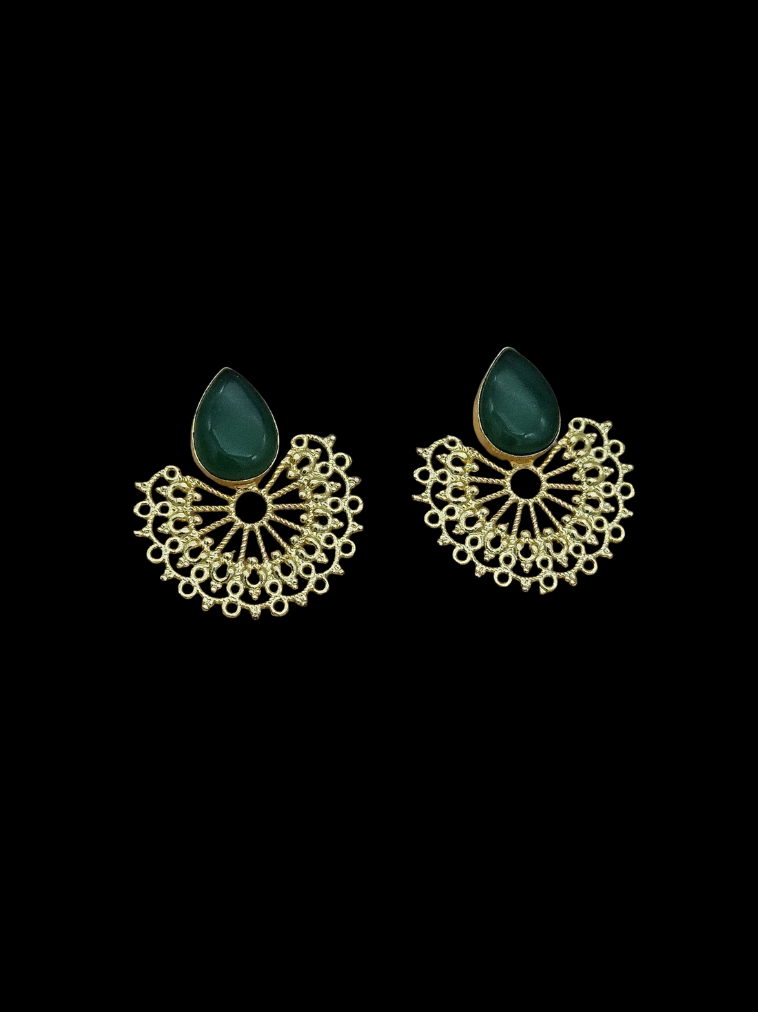 Gorgeous Gold plated Green Onyx Stone light Weight Floral Designer Statement Earrings