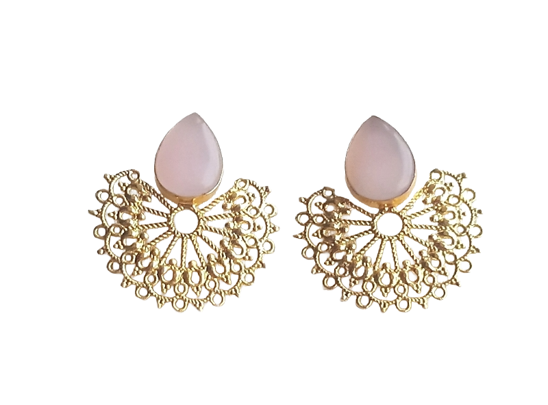 Gorgeous Gold plated Rose Quartz Cab. Stone light Weight Floral Designer Statement Earrings