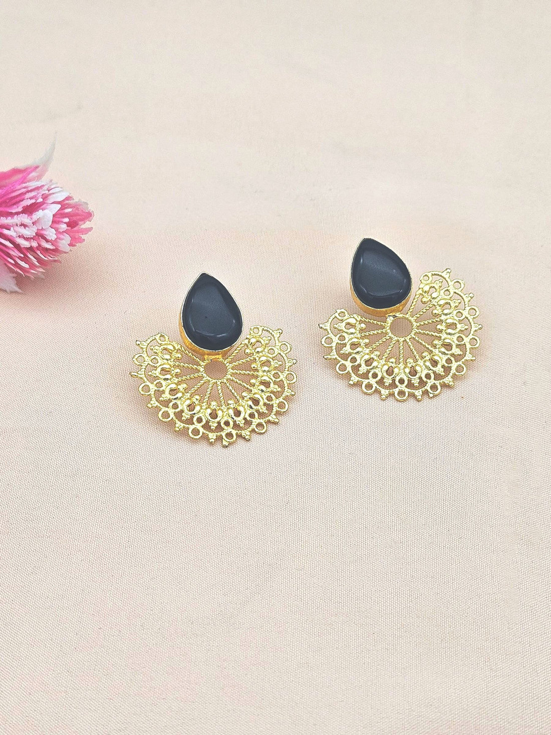 Gorgeous Gold plated Black Onyx Stone light Weight Floral Designer Statement Earrings