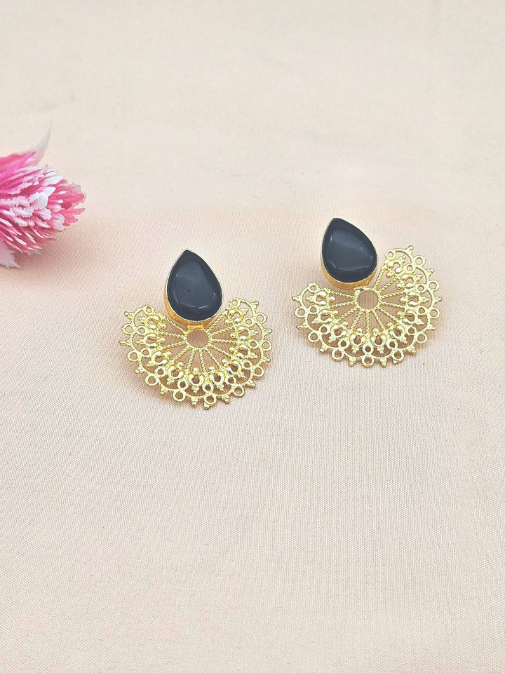 Gorgeous Gold plated Black Onyx Stone light Weight Floral Designer Statement Earrings