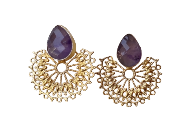 Gorgeous Gold plated Faceted Amethyst Stone light Weight Floral Designer Statement Earrings