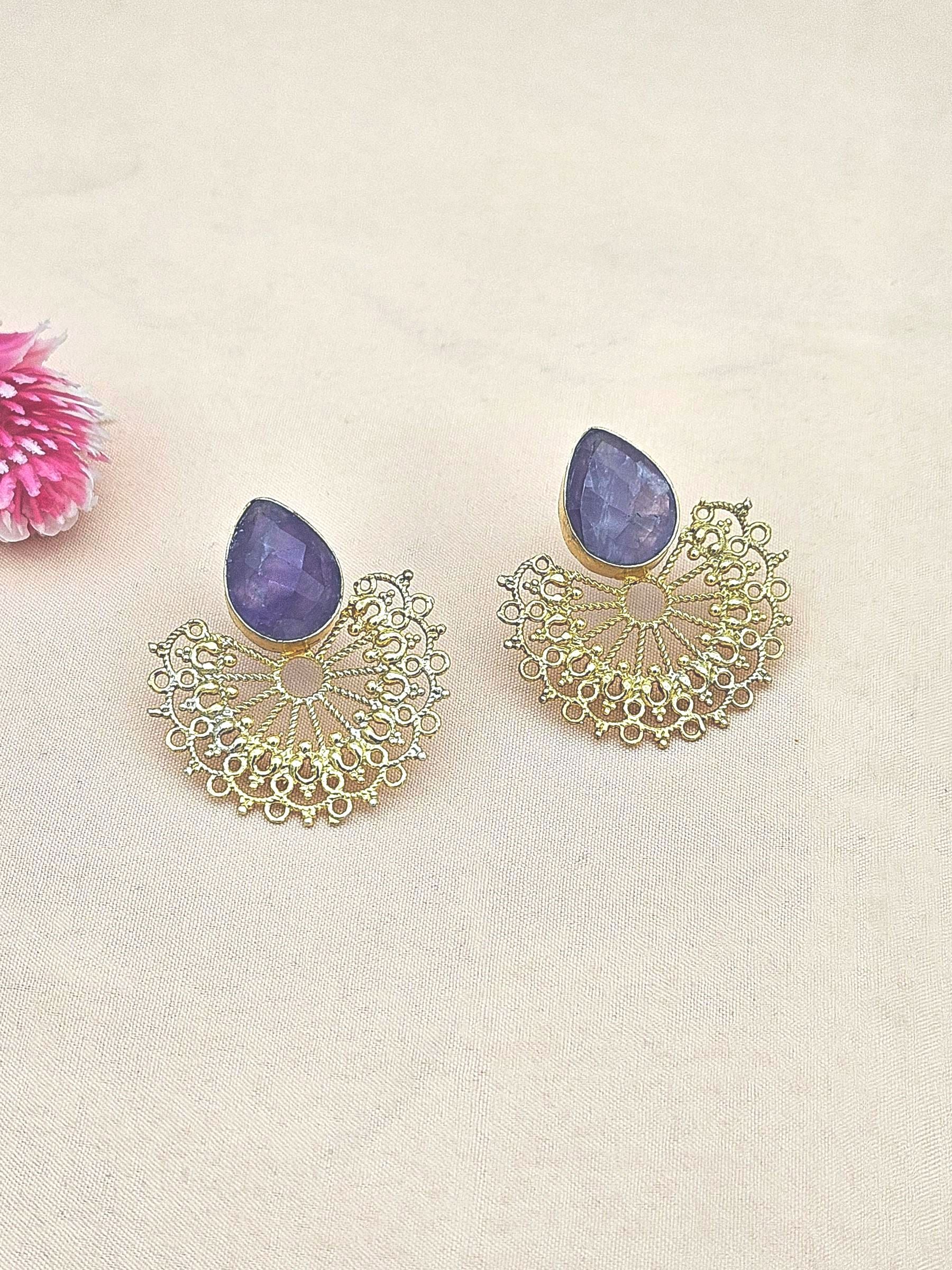 Gorgeous Gold plated Faceted Amethyst Stone light Weight Floral Designer Statement Earrings