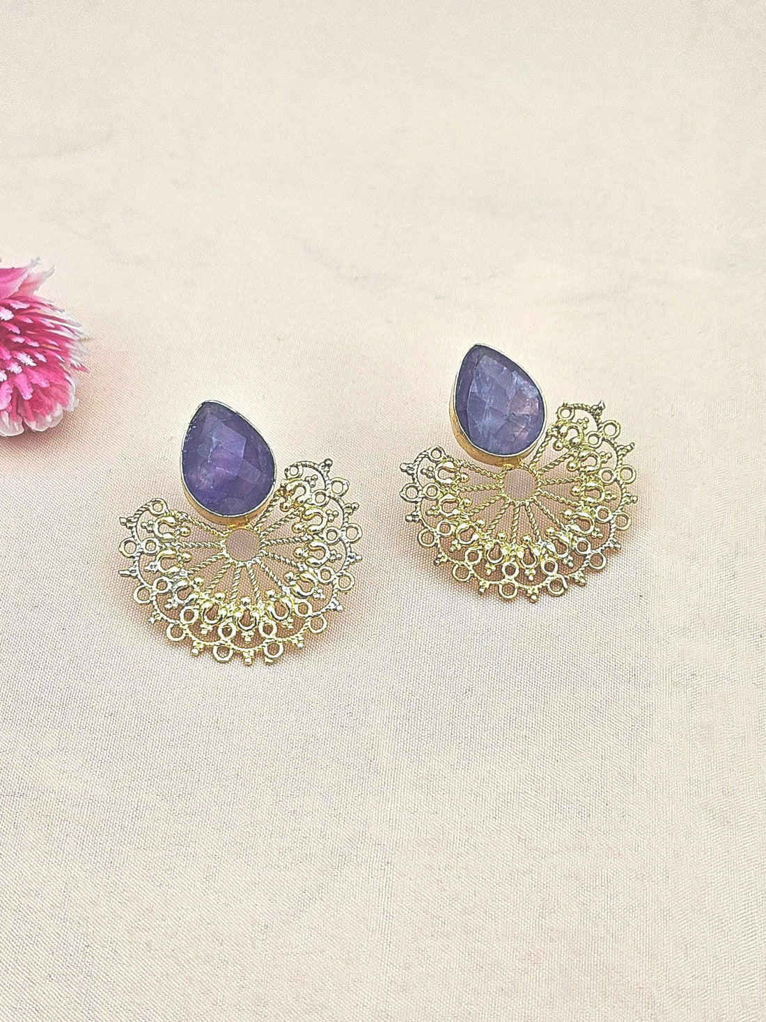 Gorgeous Gold plated Faceted Amethyst Stone light Weight Floral Designer Statement Earrings