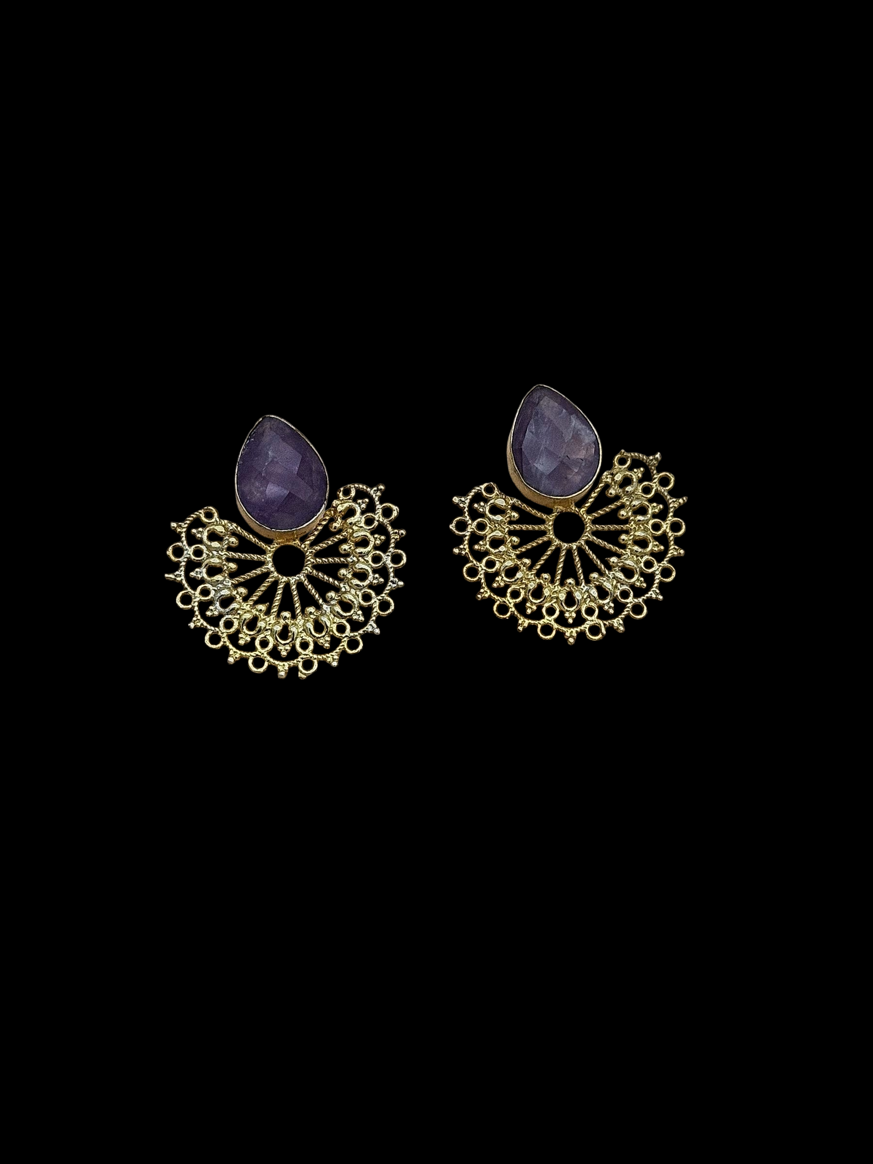 Gorgeous Gold plated Faceted Amethyst Stone light Weight Floral Designer Statement Earrings