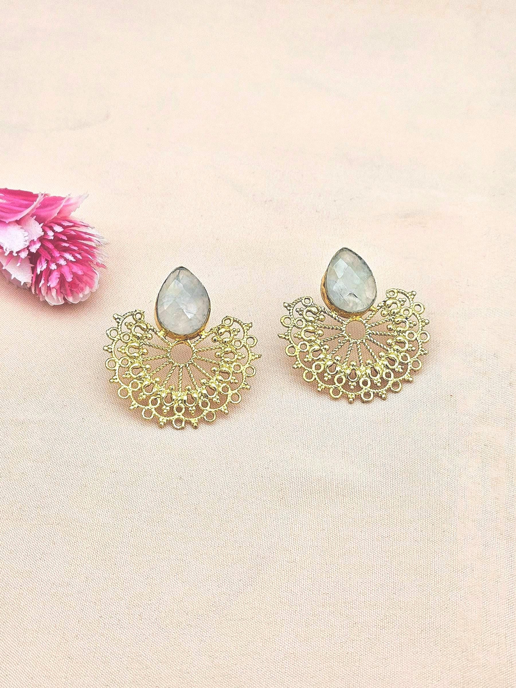 Gorgeous Gold plated Faceted Prehnite Stone light Weight Floral Designer Statement Earrings