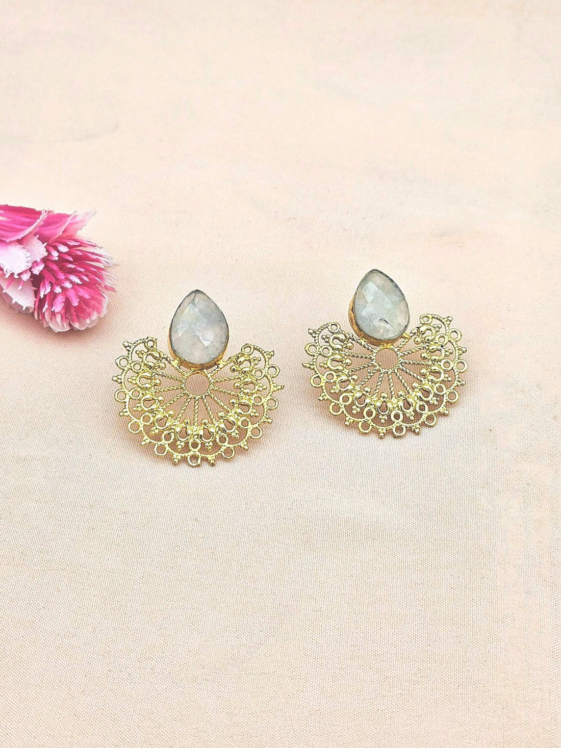 Gorgeous Gold plated Faceted Prehnite Stone light Weight Floral Designer Statement Earrings