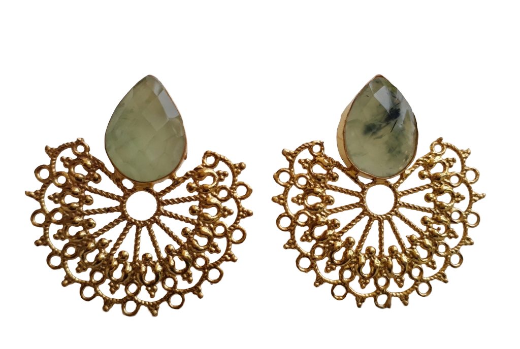 Gorgeous Gold plated Faceted Prehnite Stone light Weight Floral Designer Statement Earrings