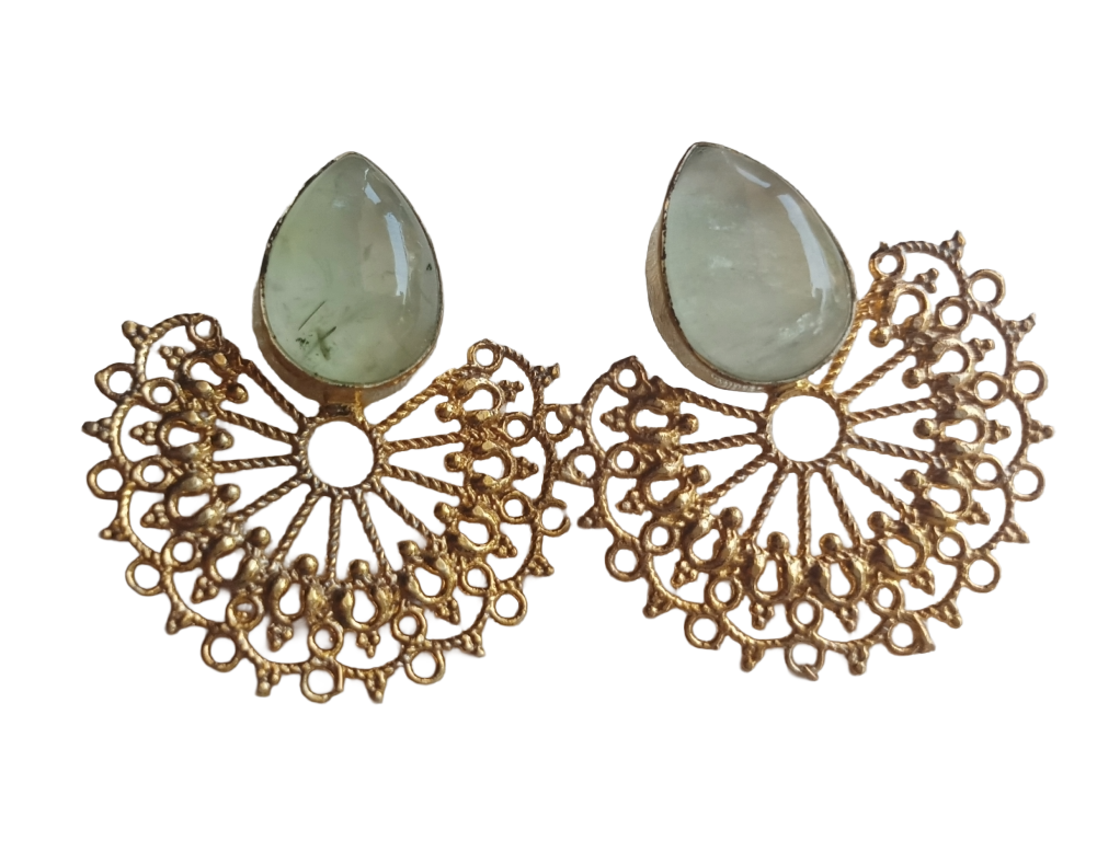 Gorgeous Gold plated Prehnite Cabochon Stone light Weight Floral Designer Statement Earrings