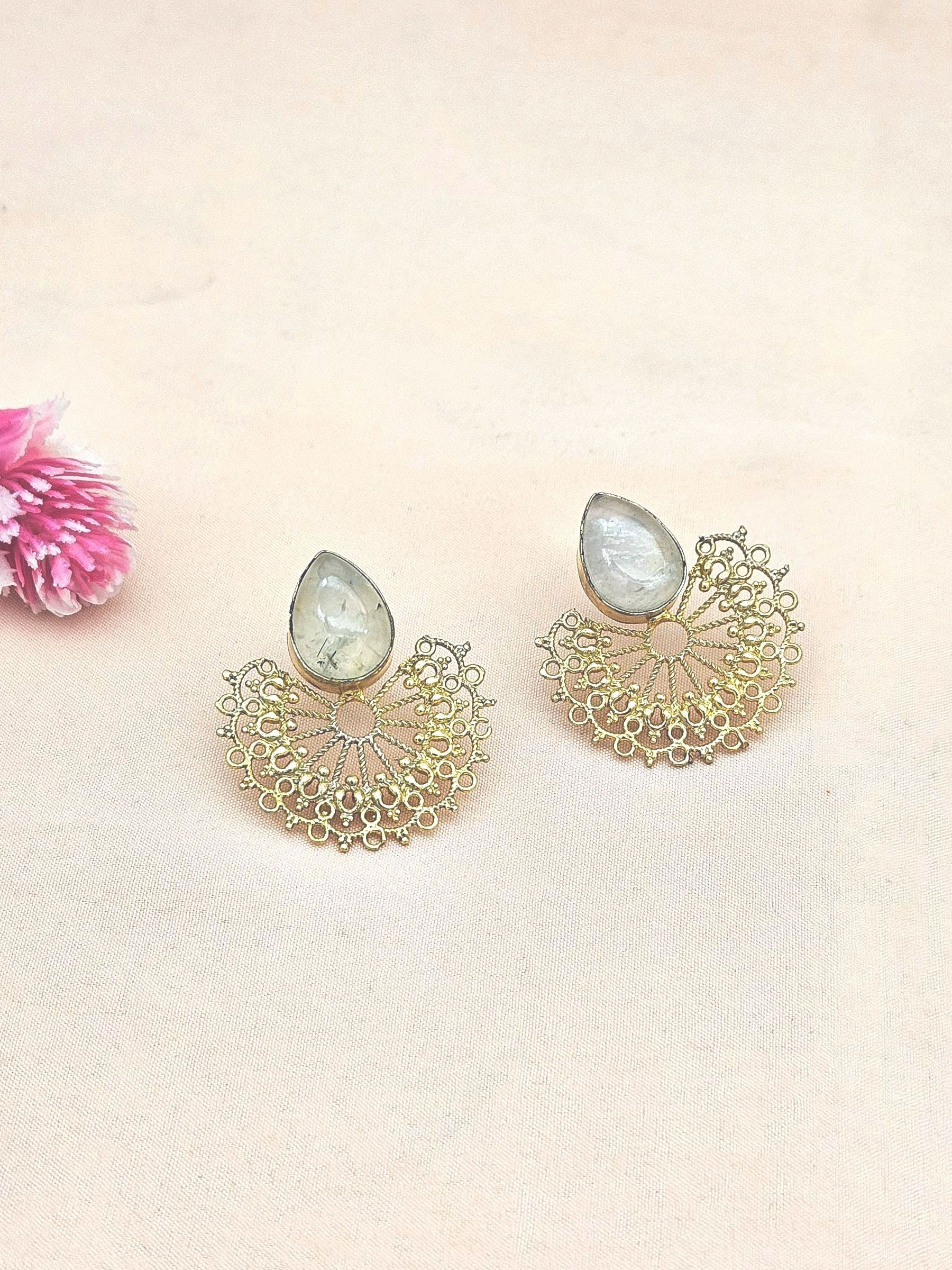 Gorgeous Gold plated Prehnite Cabochon Stone light Weight Floral Designer Statement Earrings