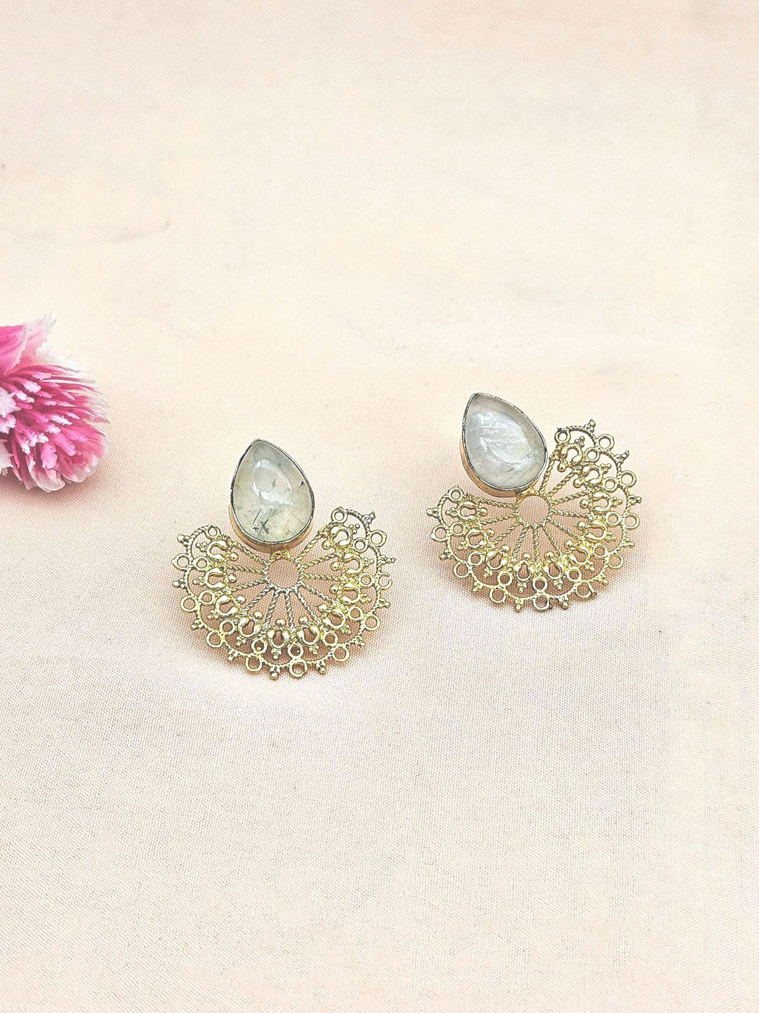 Gorgeous Gold plated Prehnite Cabochon Stone light Weight Floral Designer Statement Earrings