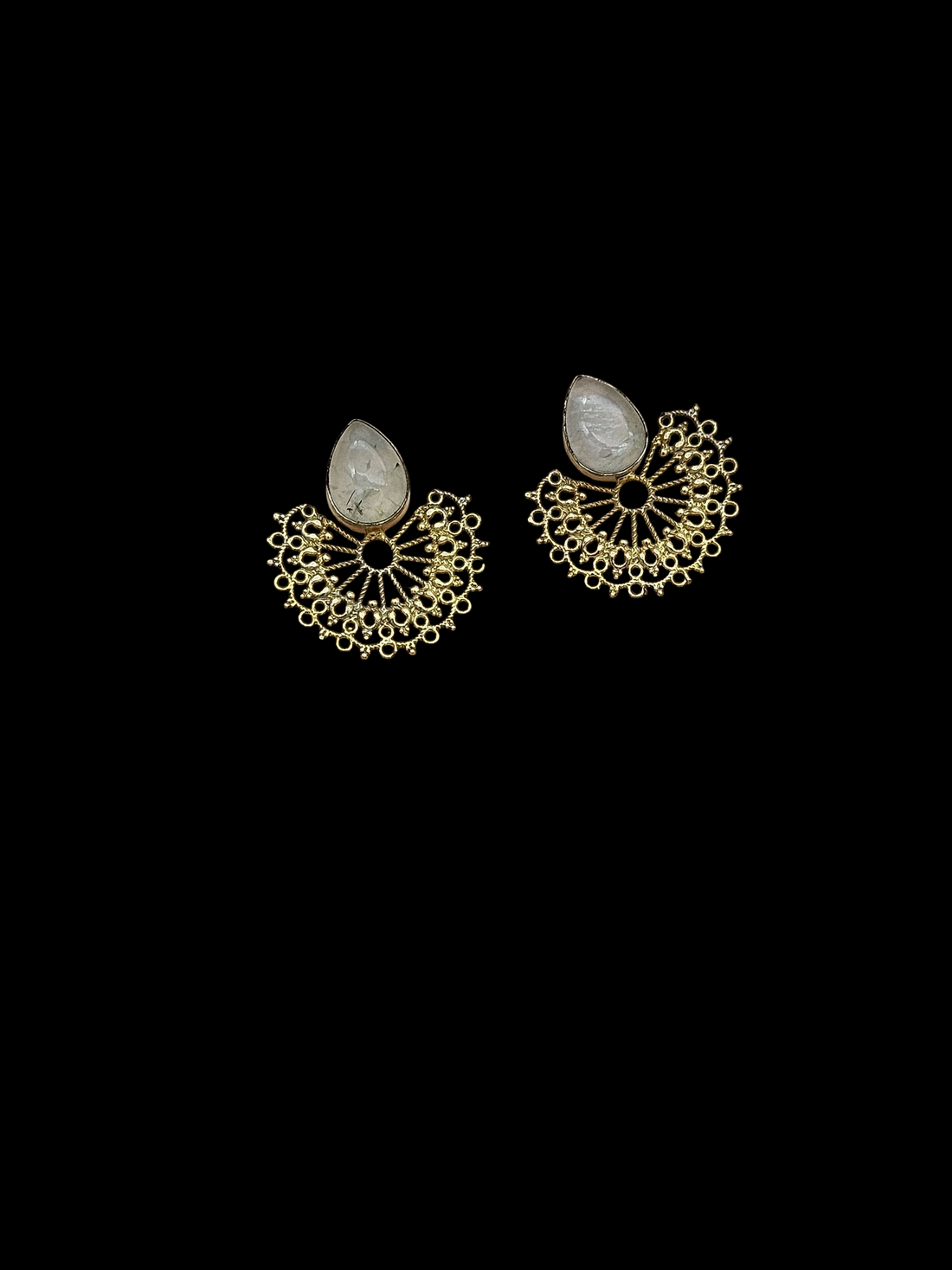 Gorgeous Gold plated Prehnite Cabochon Stone light Weight Floral Designer Statement Earrings