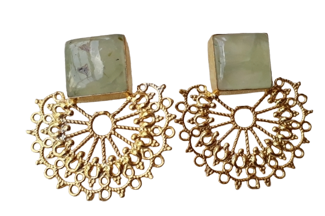 Gorgeous Gold plated Prehnite Cabochon Choky Stone light Weight Floral Designer Statement Earrings