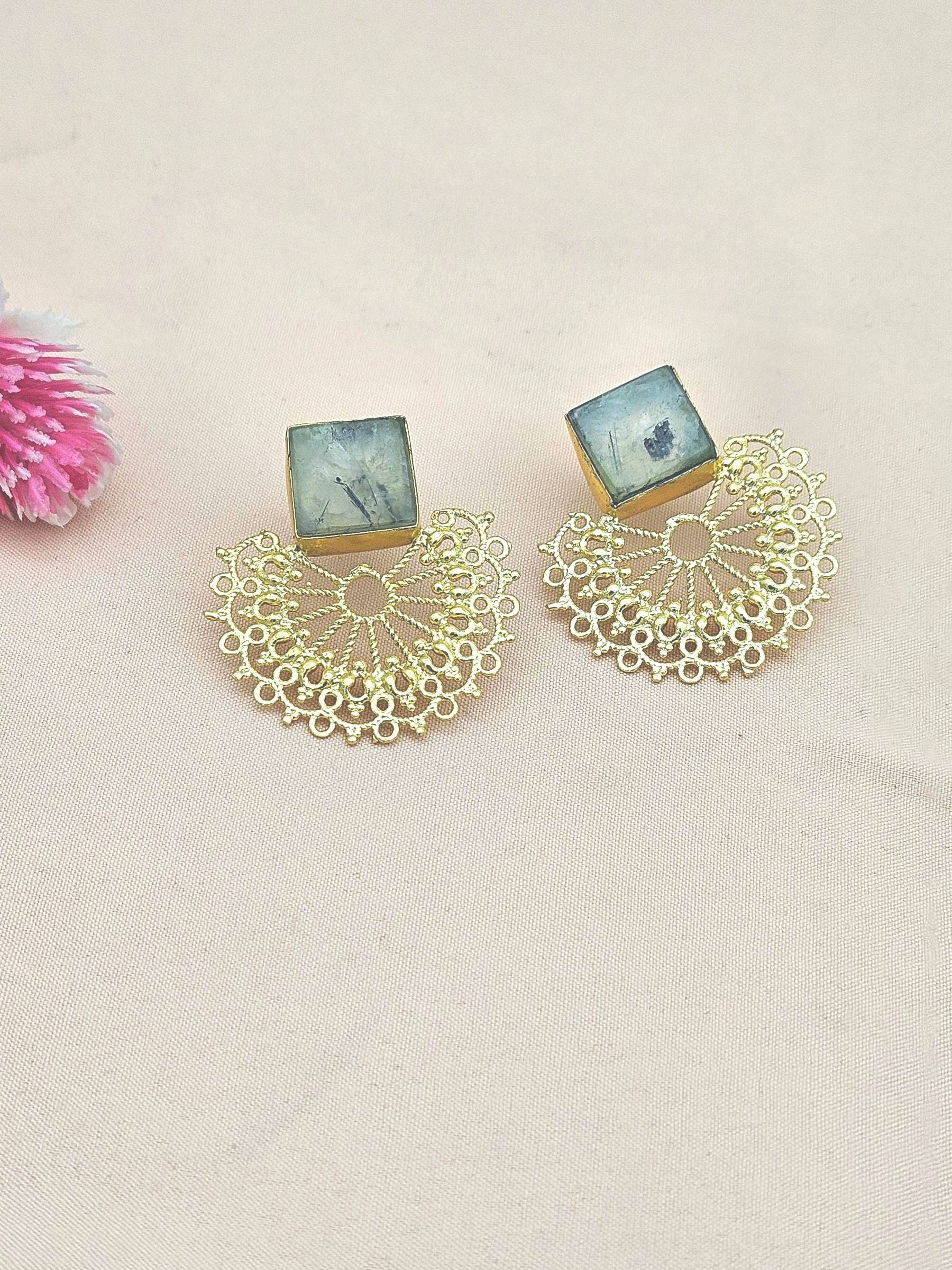Gorgeous Gold plated Prehnite Cabochon Choky Stone light Weight Floral Designer Statement Earrings