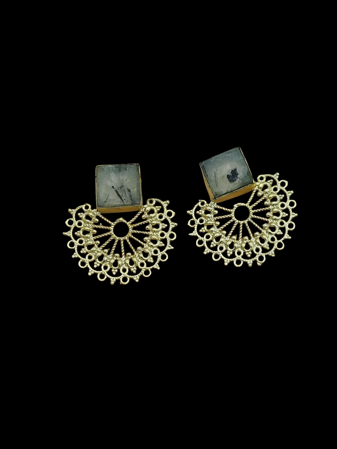 Gorgeous Gold plated Prehnite Cabochon Choky Stone light Weight Floral Designer Statement Earrings