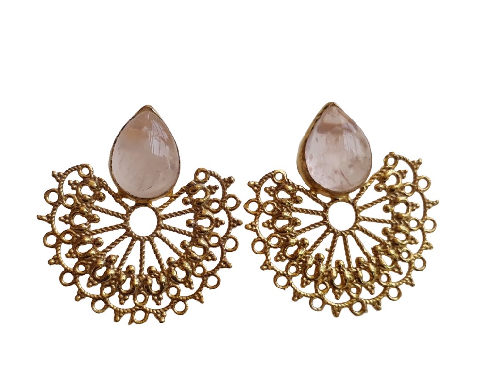 Gorgeous Gold plated Rose Quartz Cab. Stone light Weight Floral Designer Statement Earrings