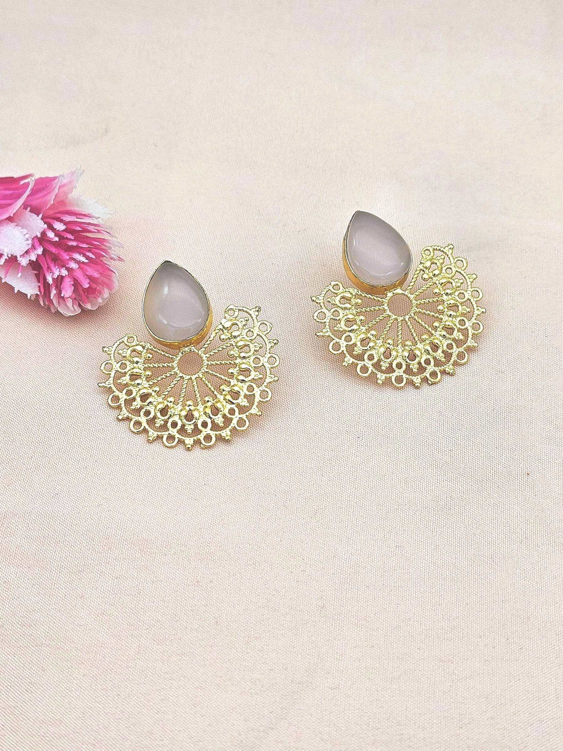 Gorgeous Gold plated Rose Quartz Cab. Stone light Weight Floral Designer Statement Earrings