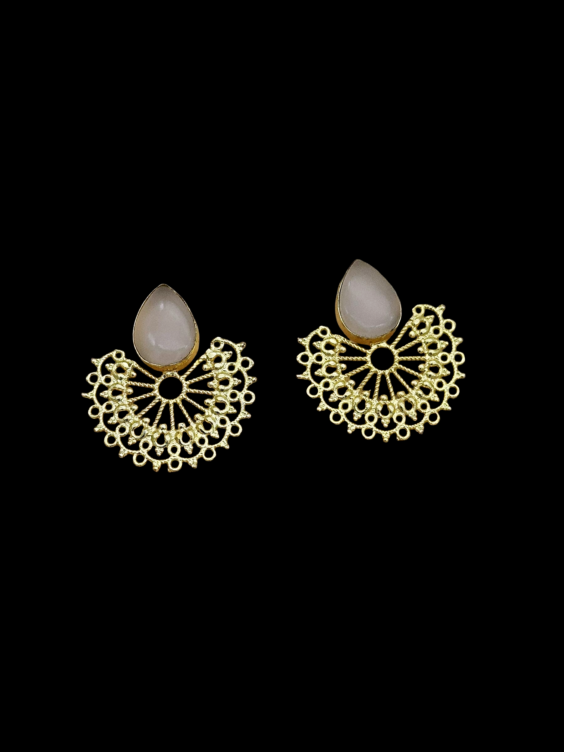 Gorgeous Gold plated Rose Quartz Cab. Stone light Weight Floral Designer Statement Earrings