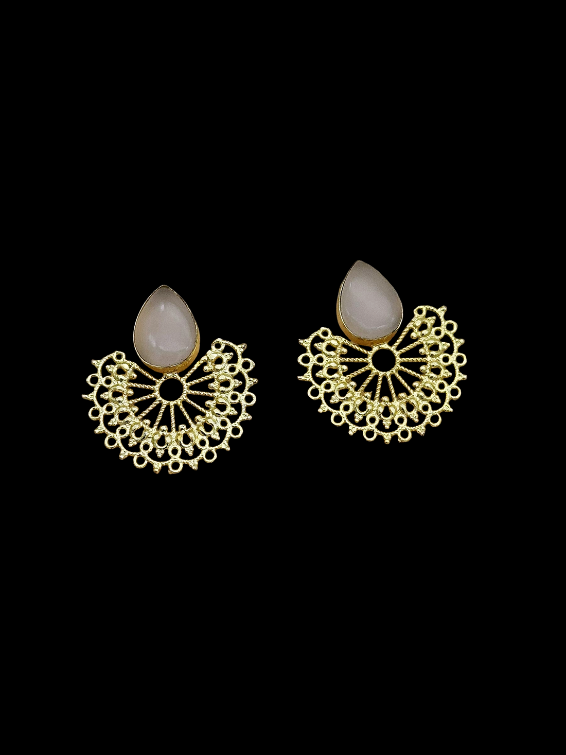 Gorgeous Gold plated Rose Quartz Cab. Stone light Weight Floral Designer Statement Earrings