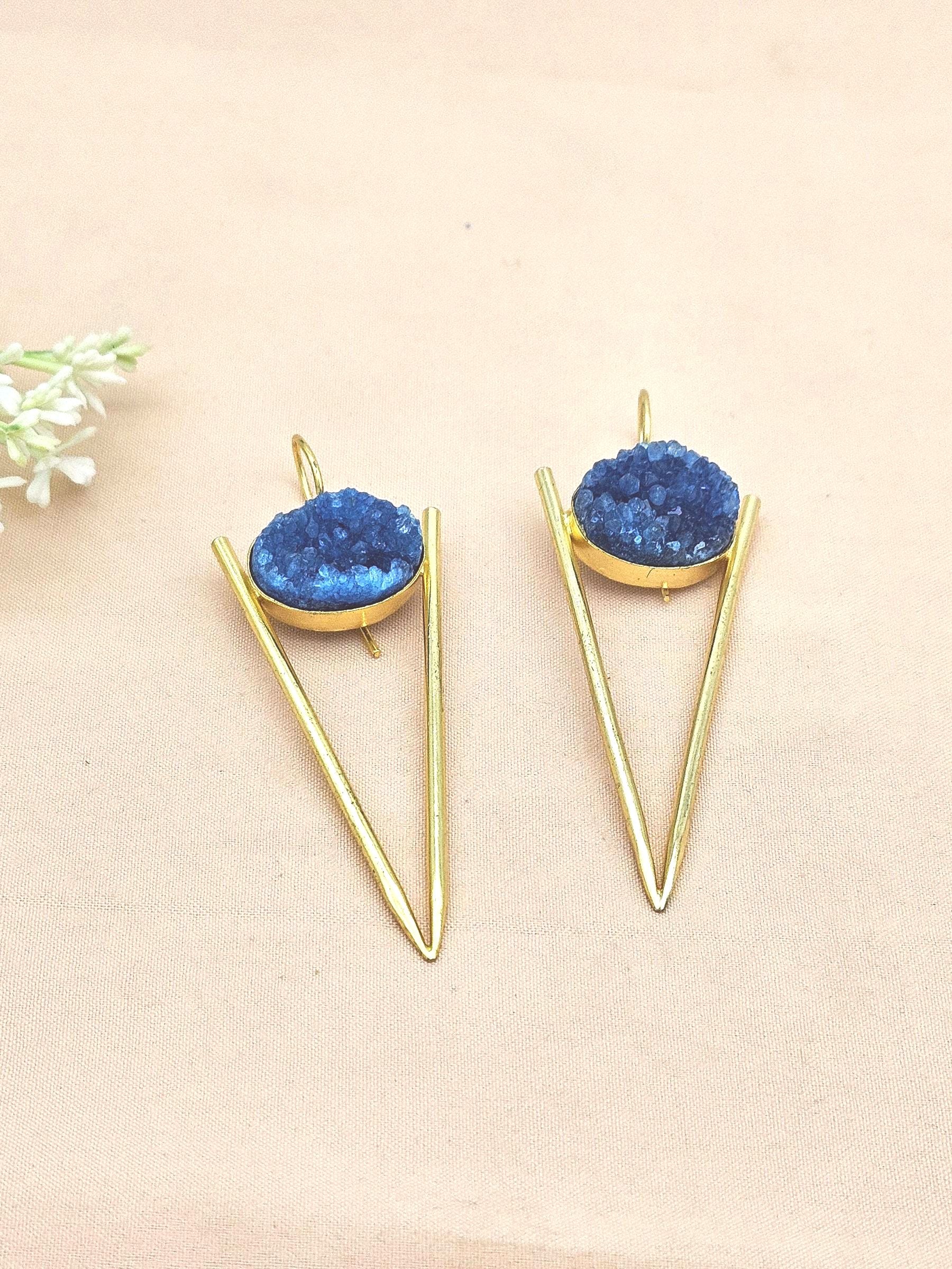 Handcrafted Gold plated Blue Druzy Stone Designer light Weight Statement Earrings