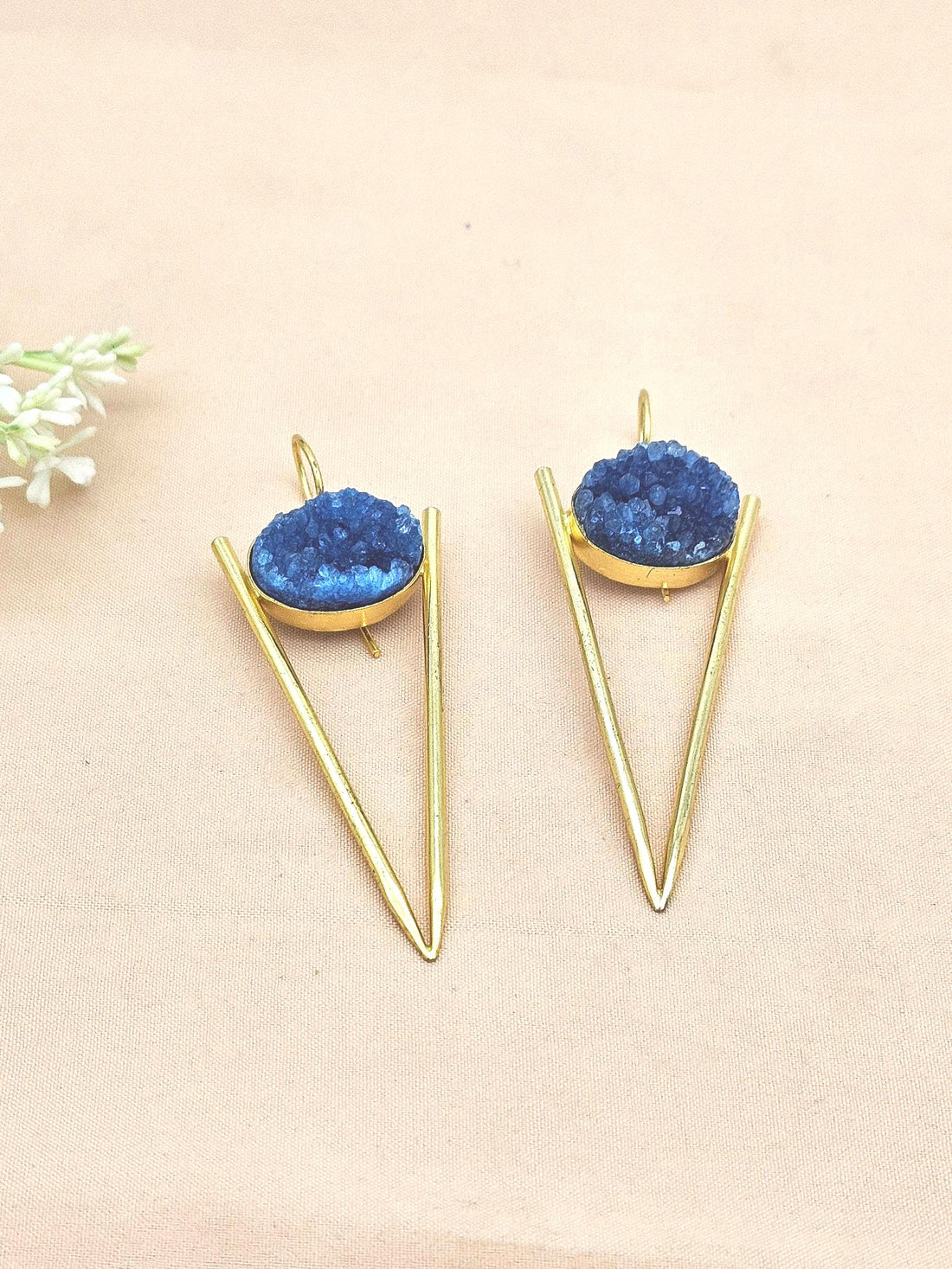 Handcrafted Gold plated Blue Druzy Stone Designer light Weight Statement Earrings