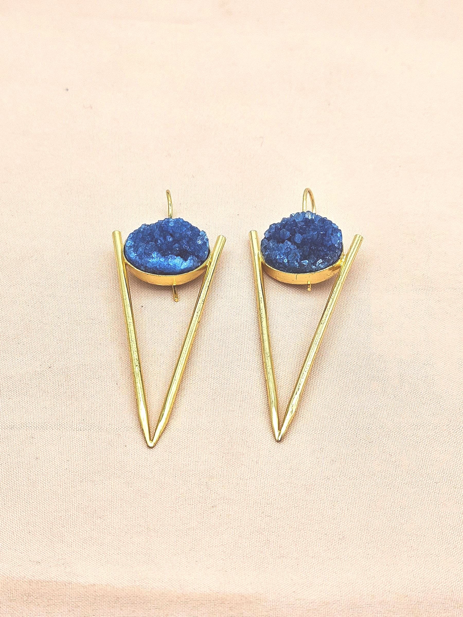 Handcrafted Gold plated Blue Druzy Stone Designer light Weight Statement Earrings