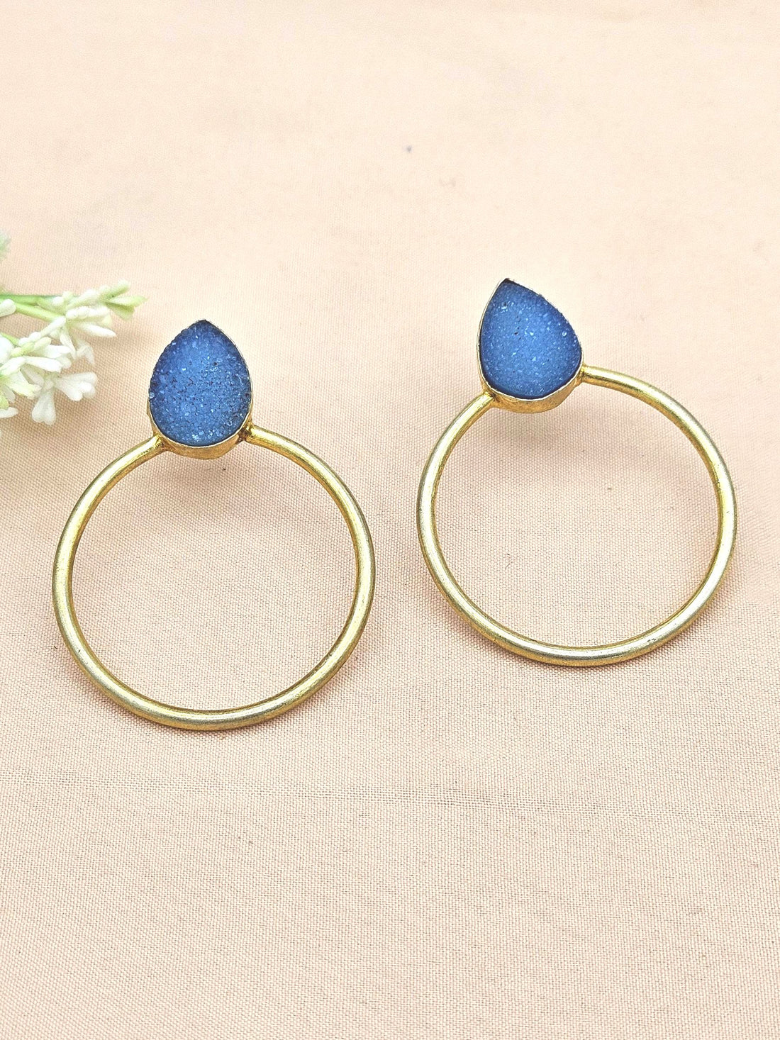 Handcrafted Gold plated Blue Onyx Druzy Stone Designer light Weight Hoop Statement Earrings