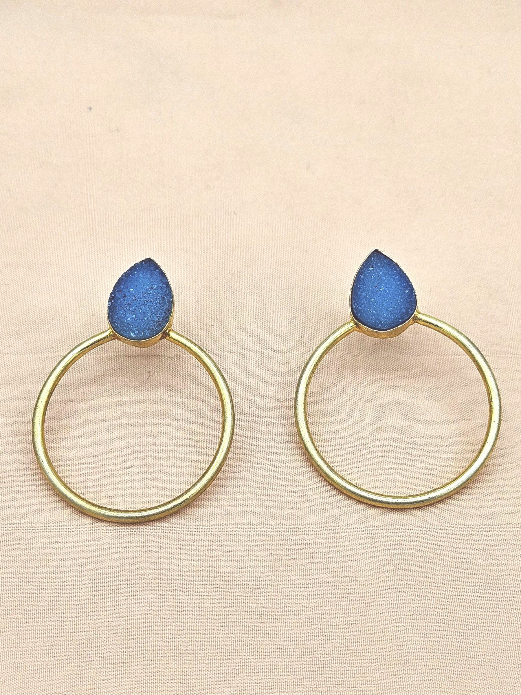 Handcrafted Gold plated Blue Onyx Druzy Stone Designer light Weight Hoop Statement Earrings