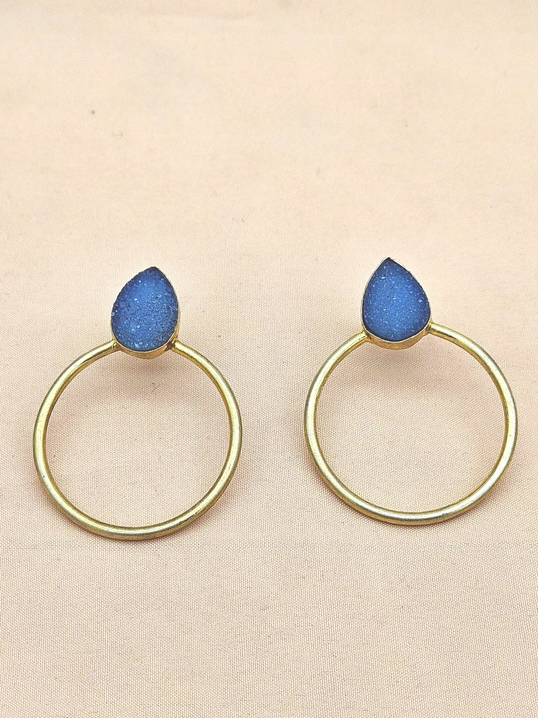 Handcrafted Gold plated Blue Onyx Druzy Stone Designer light Weight Hoop Statement Earrings