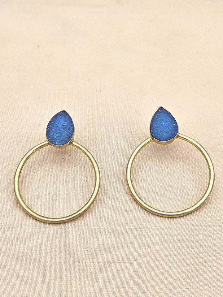 Handcrafted Gold plated Blue Onyx Druzy Stone Designer light Weight Hoop Statement Earrings