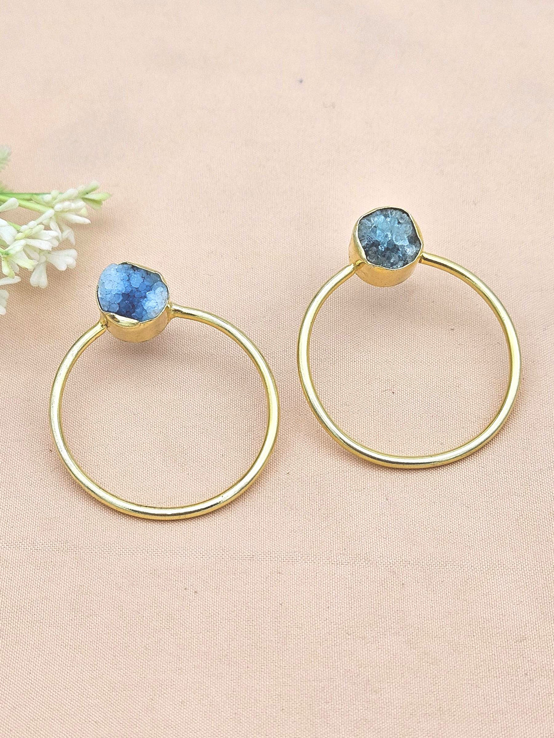 Handcrafted Gold plated Blue Druzy Stone Designer light Weight Hoop Statement Earrings