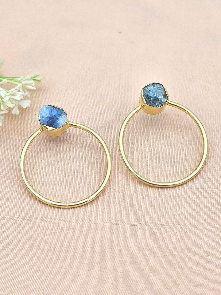 Handcrafted Gold plated Blue Druzy Stone Designer light Weight Hoop Statement Earrings