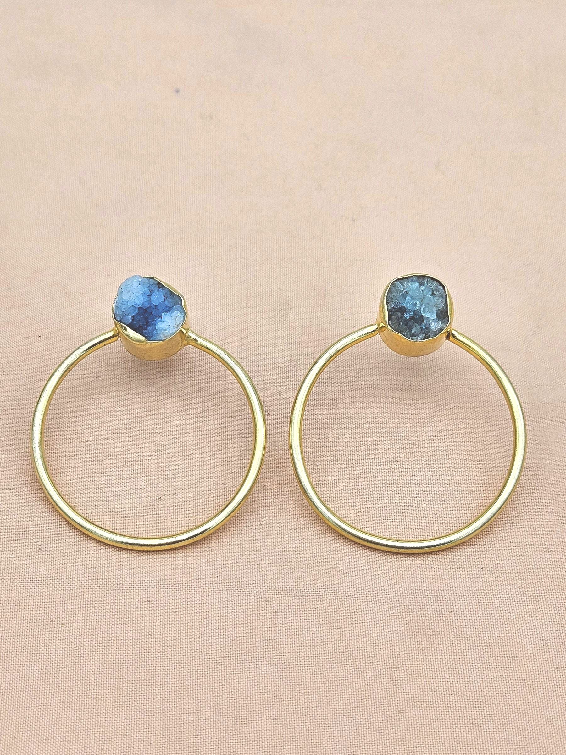 Handcrafted Gold plated Blue Druzy Stone Designer light Weight Hoop Statement Earrings