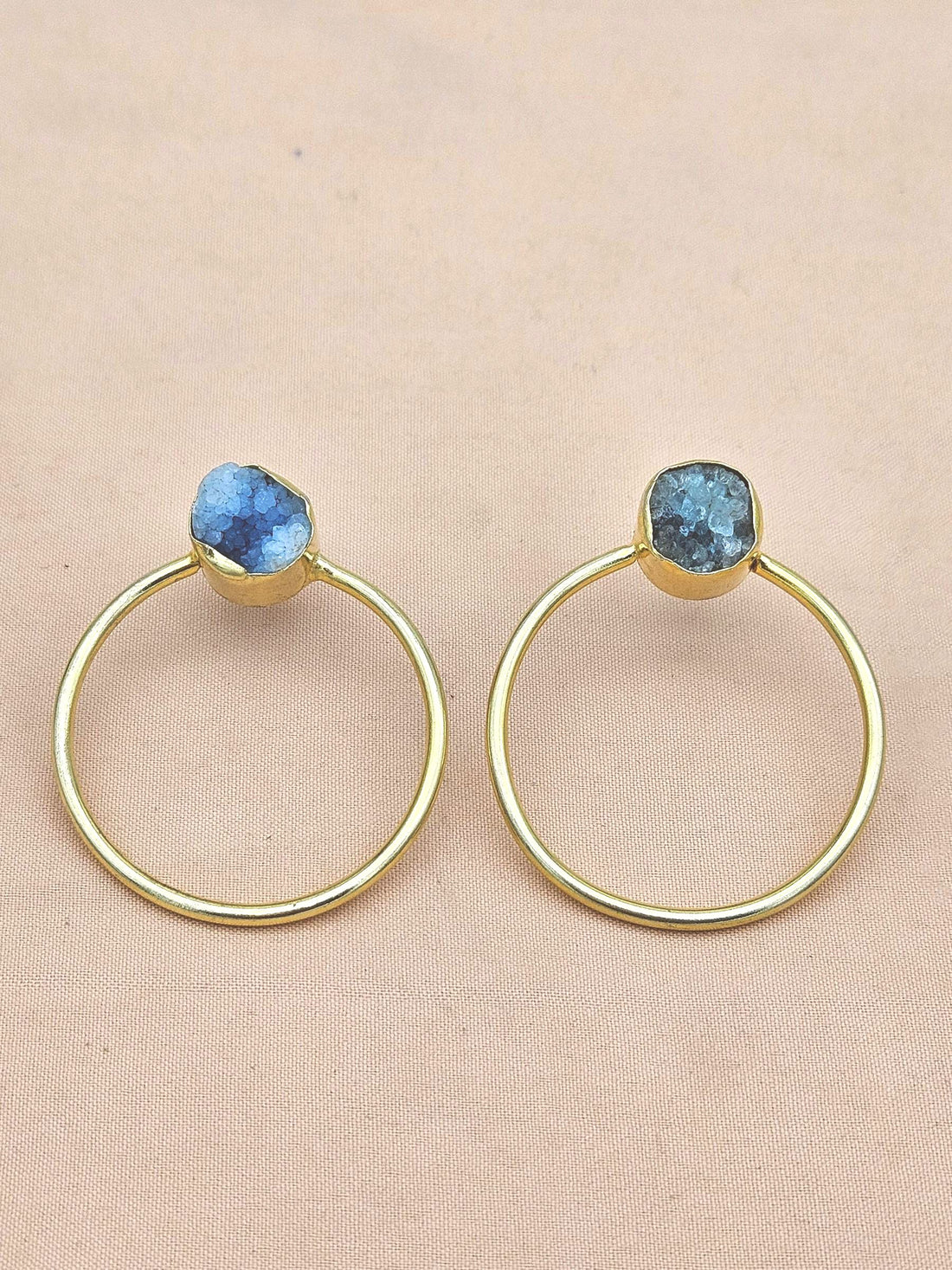 Handcrafted Gold plated Blue Druzy Stone Designer light Weight Hoop Statement Earrings