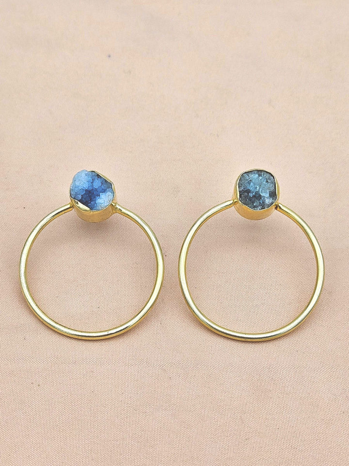 Handcrafted Gold plated Blue Druzy Stone Designer light Weight Hoop Statement Earrings