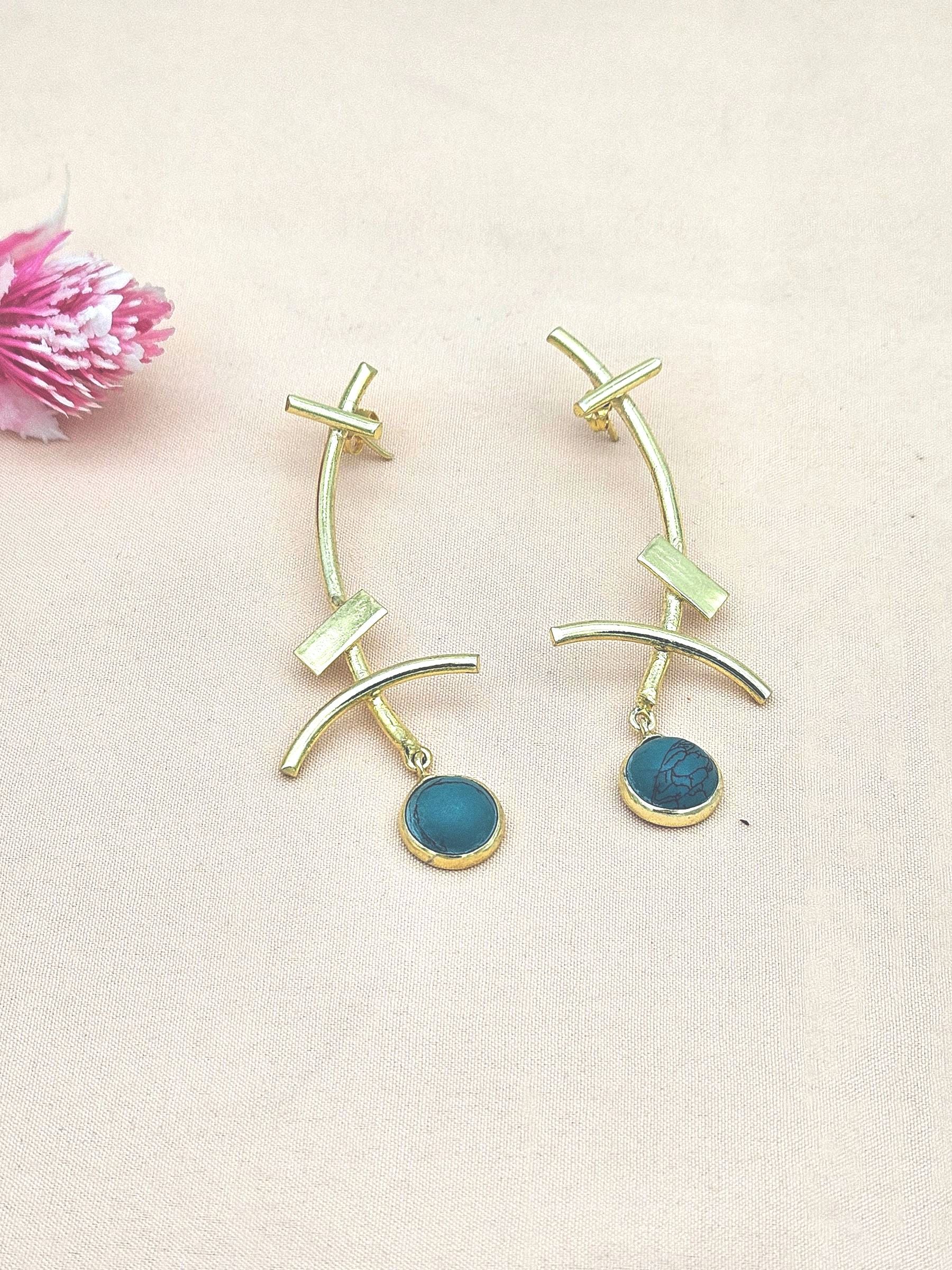 Stunning Gold plated Turquoise Onyx Stone Charming Designer light Weight Statement Earrings