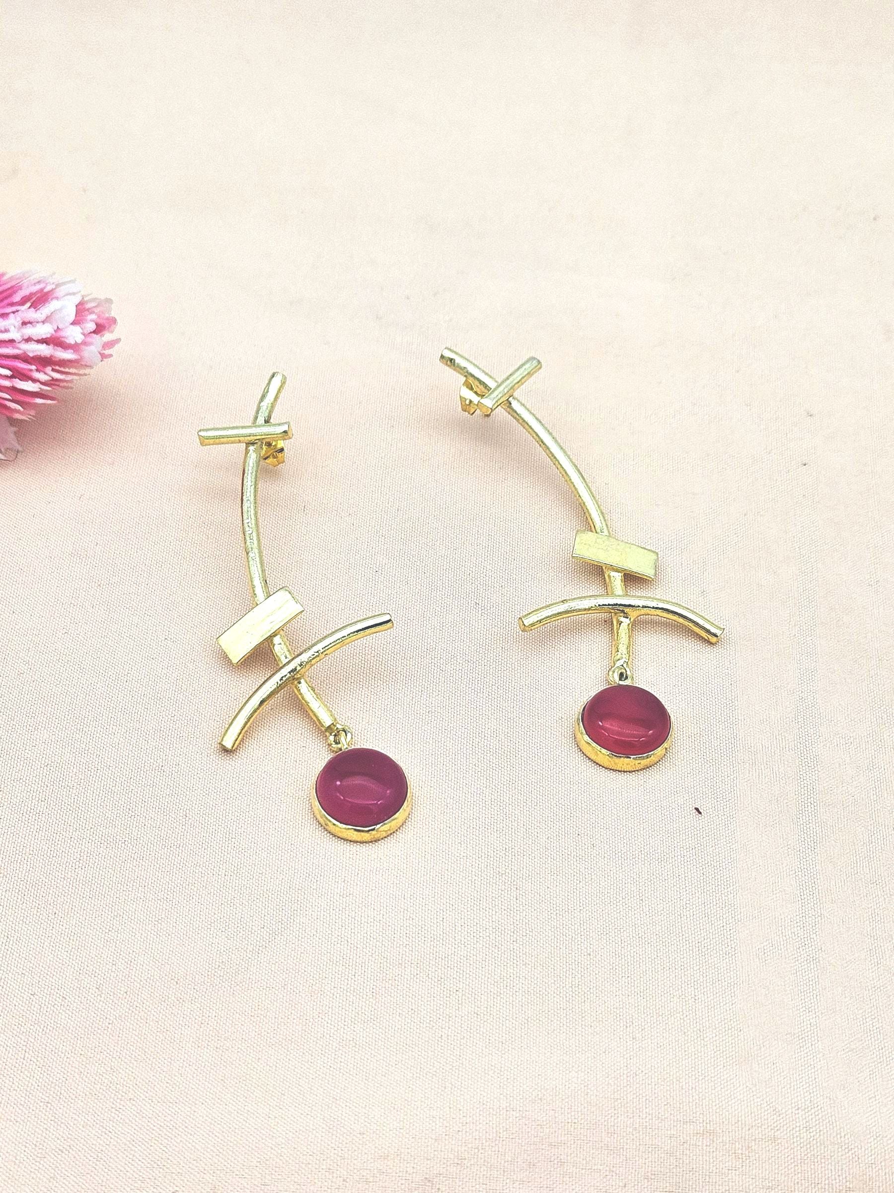Stunning Gold plated Magenta Onyx Stone Charming Designer light Weight Statement Earrings