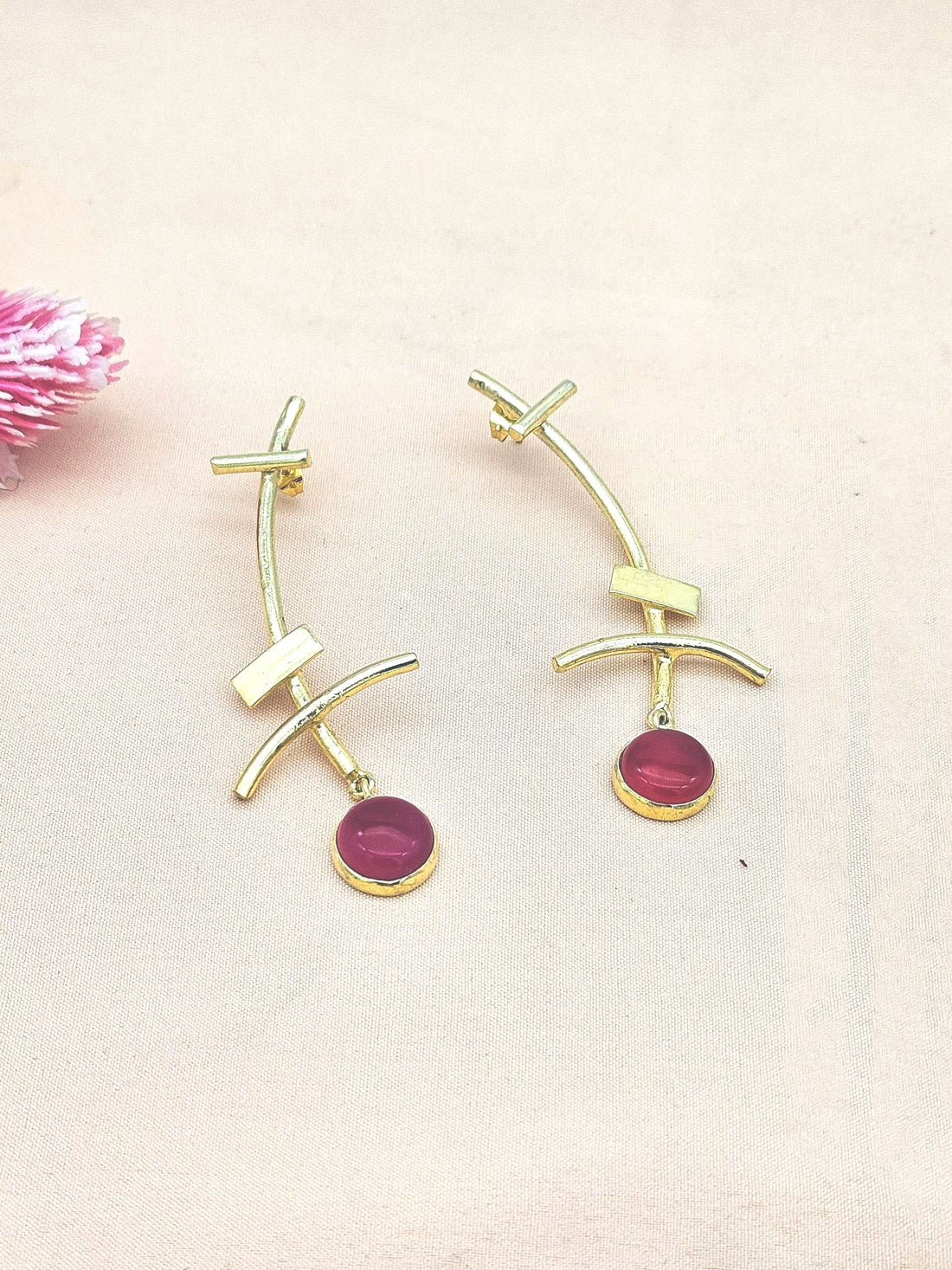 Stunning Gold plated Magenta Onyx Stone Charming Designer light Weight Statement Earrings