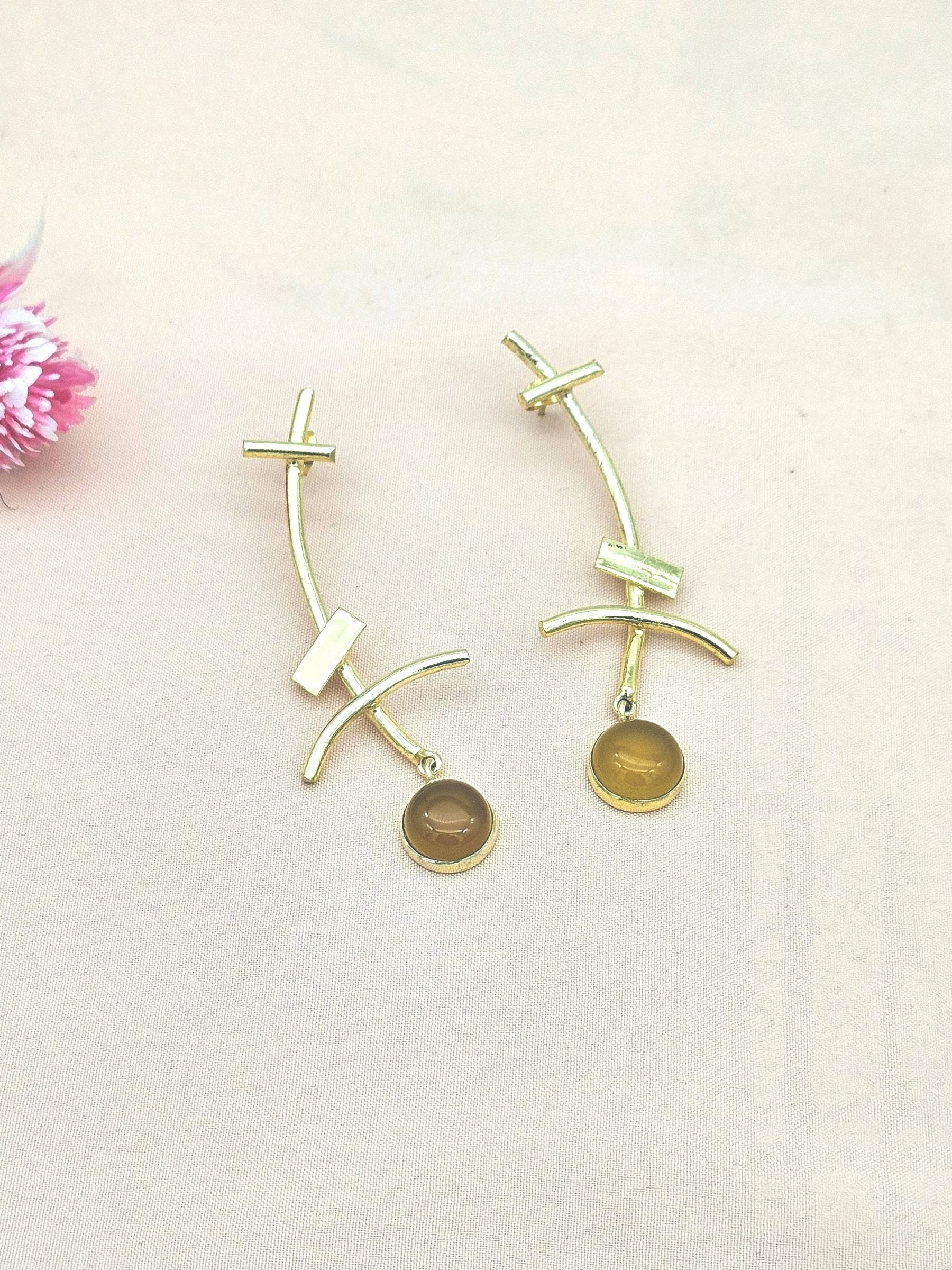 Stunning Gold plated Yellow Chalcedony Stone Charming Designer light Weight Statement Earrings