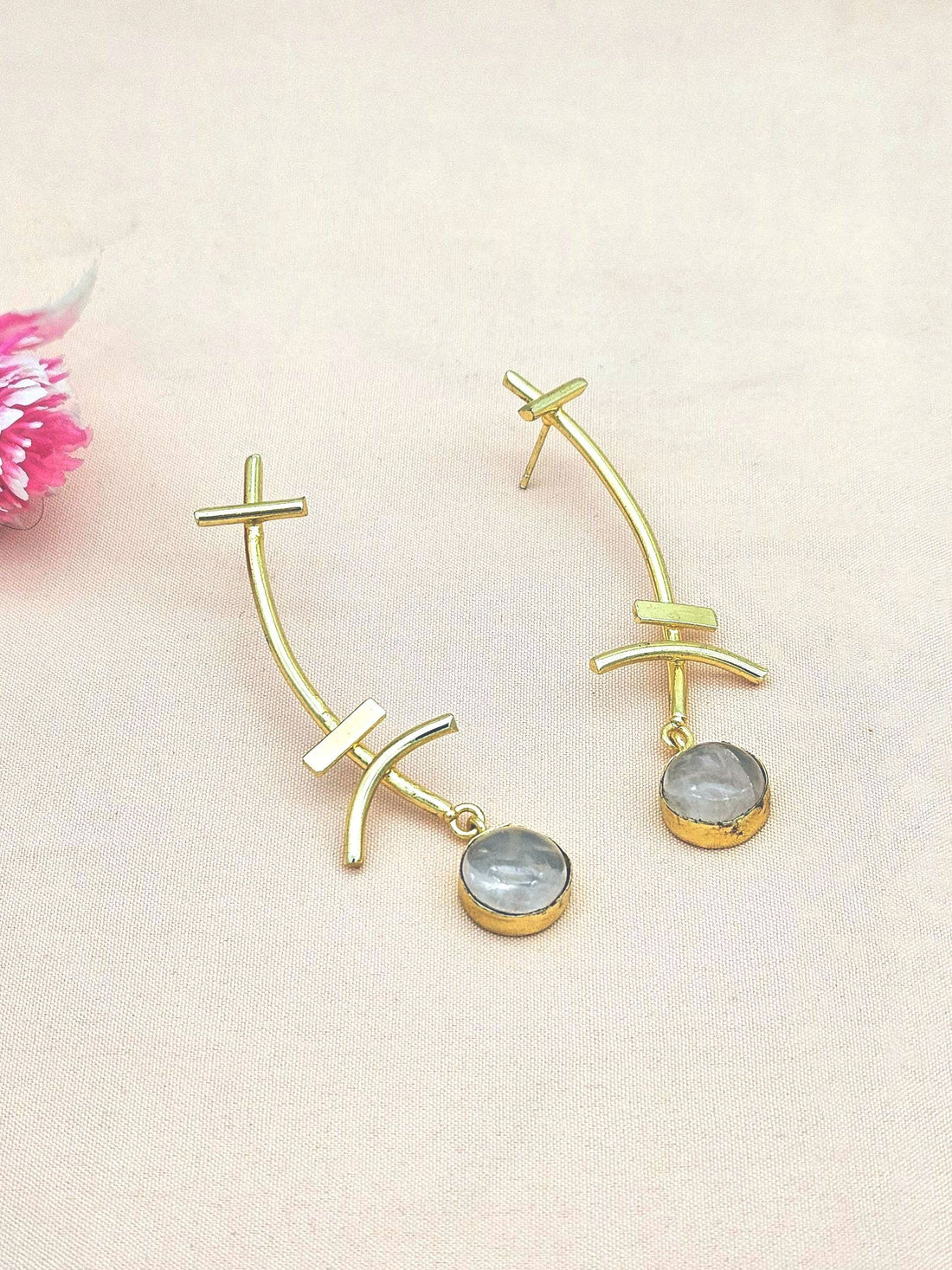 Stunning Gold plated Rose Quartz Stone Charming Designer light Weight Statement Earrings