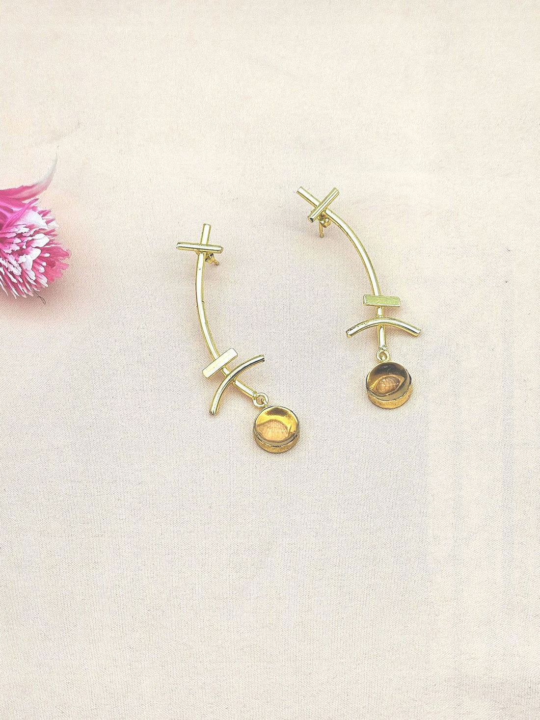 Stunning Gold plated Pink Quartz Stone Charming Designer light Weight Statement Earrings