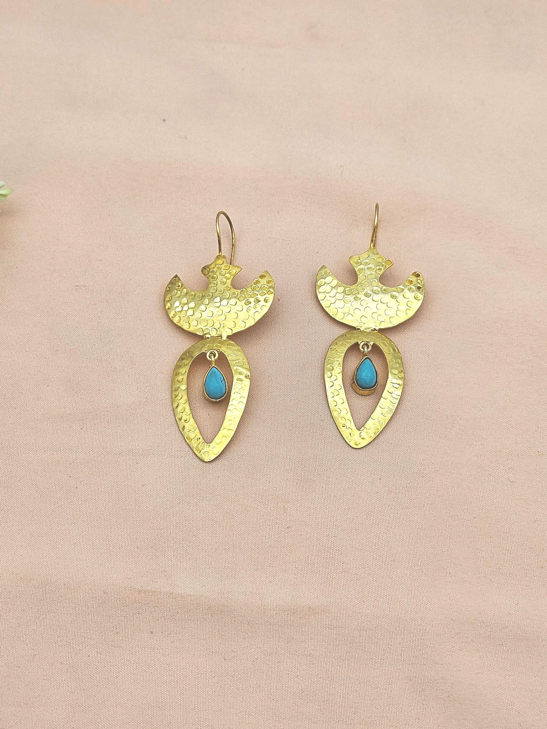 Artistic Gold plated Turquoise Stone Designer light Weight Statement Earrings
