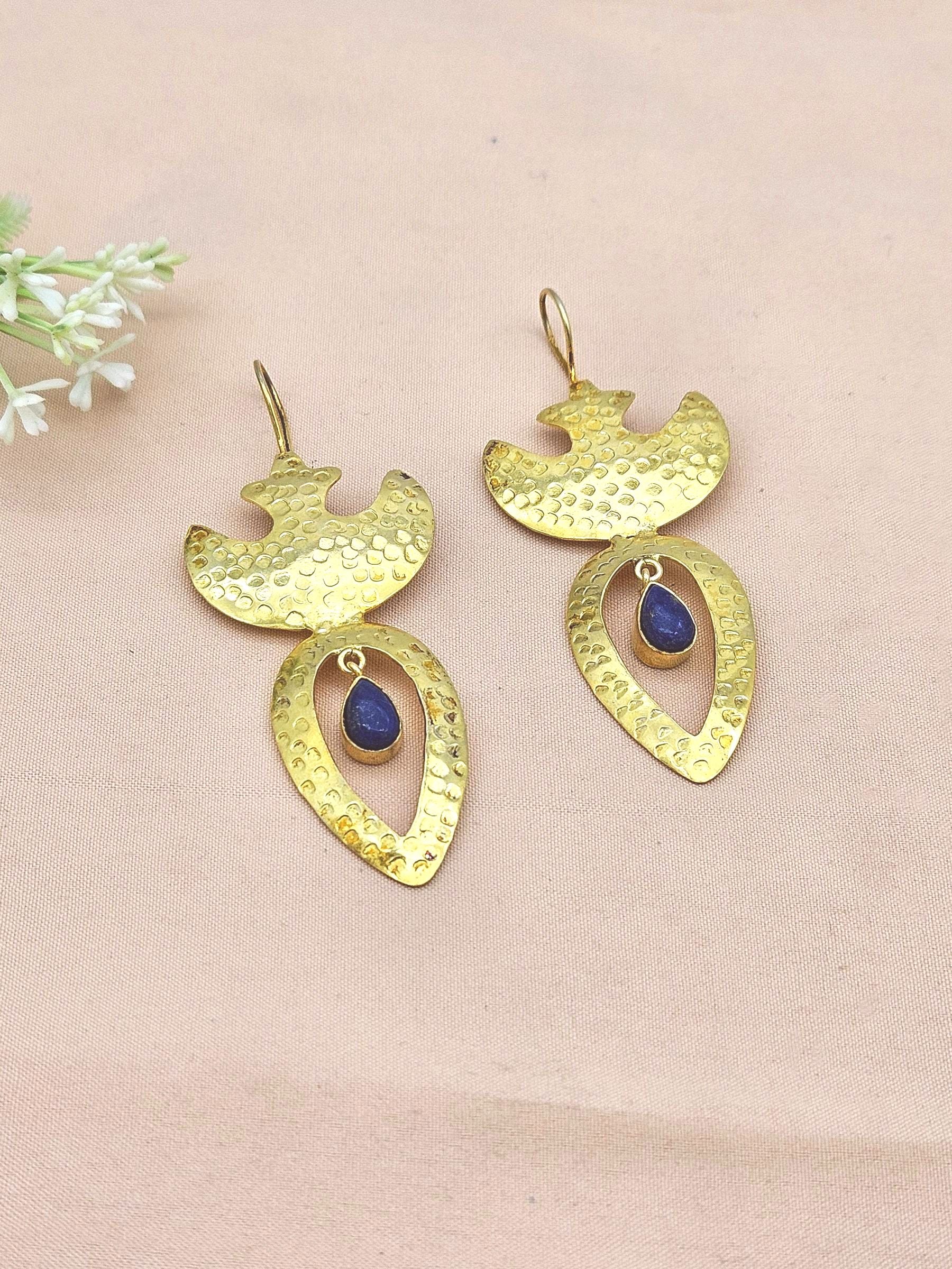 Artistic Gold plated Lapis Stone Designer light Weight Statement Earrings