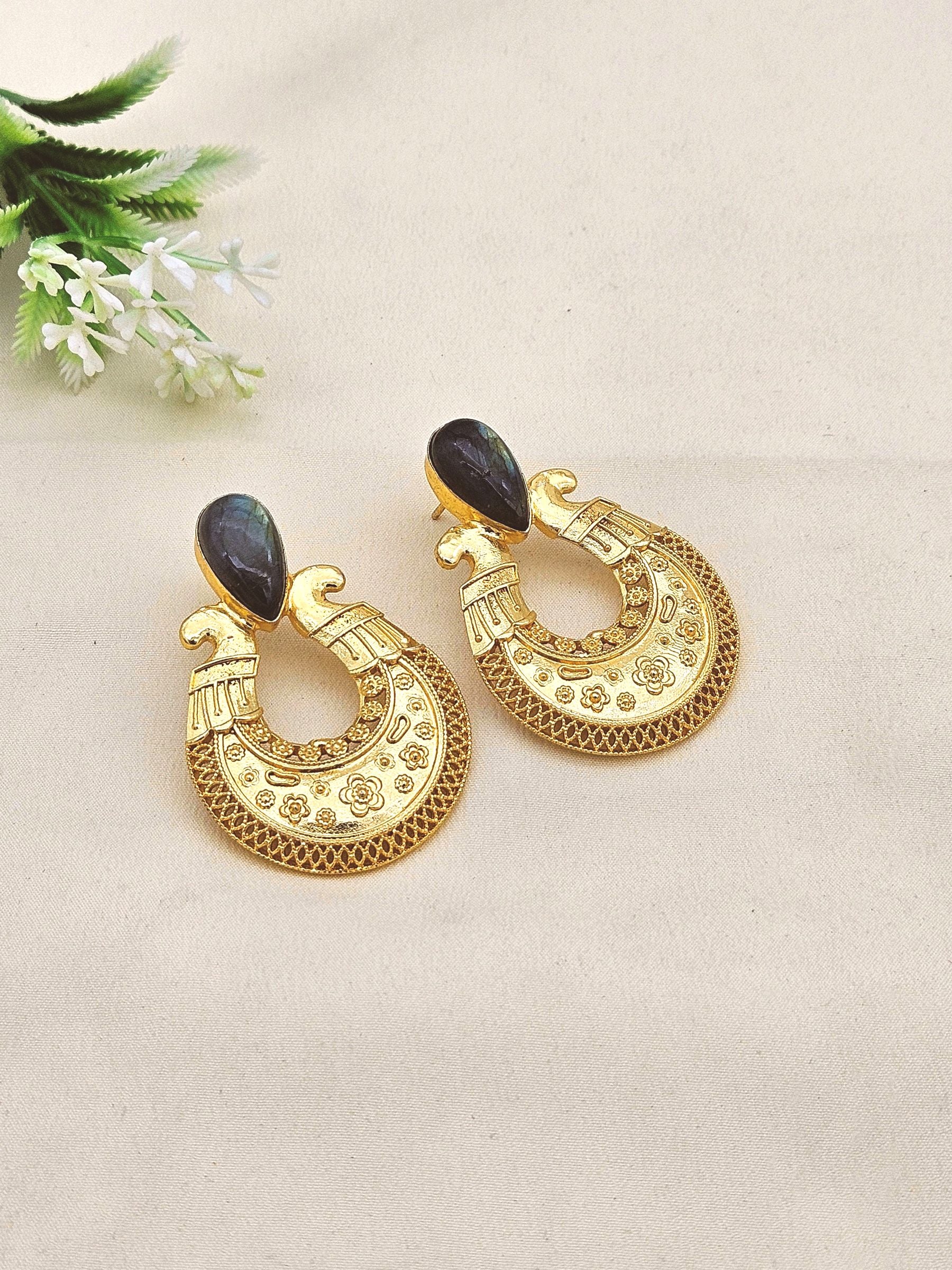 Awesome Gold plated Semi Precious Stone attractive designer Costume Statement Earrings