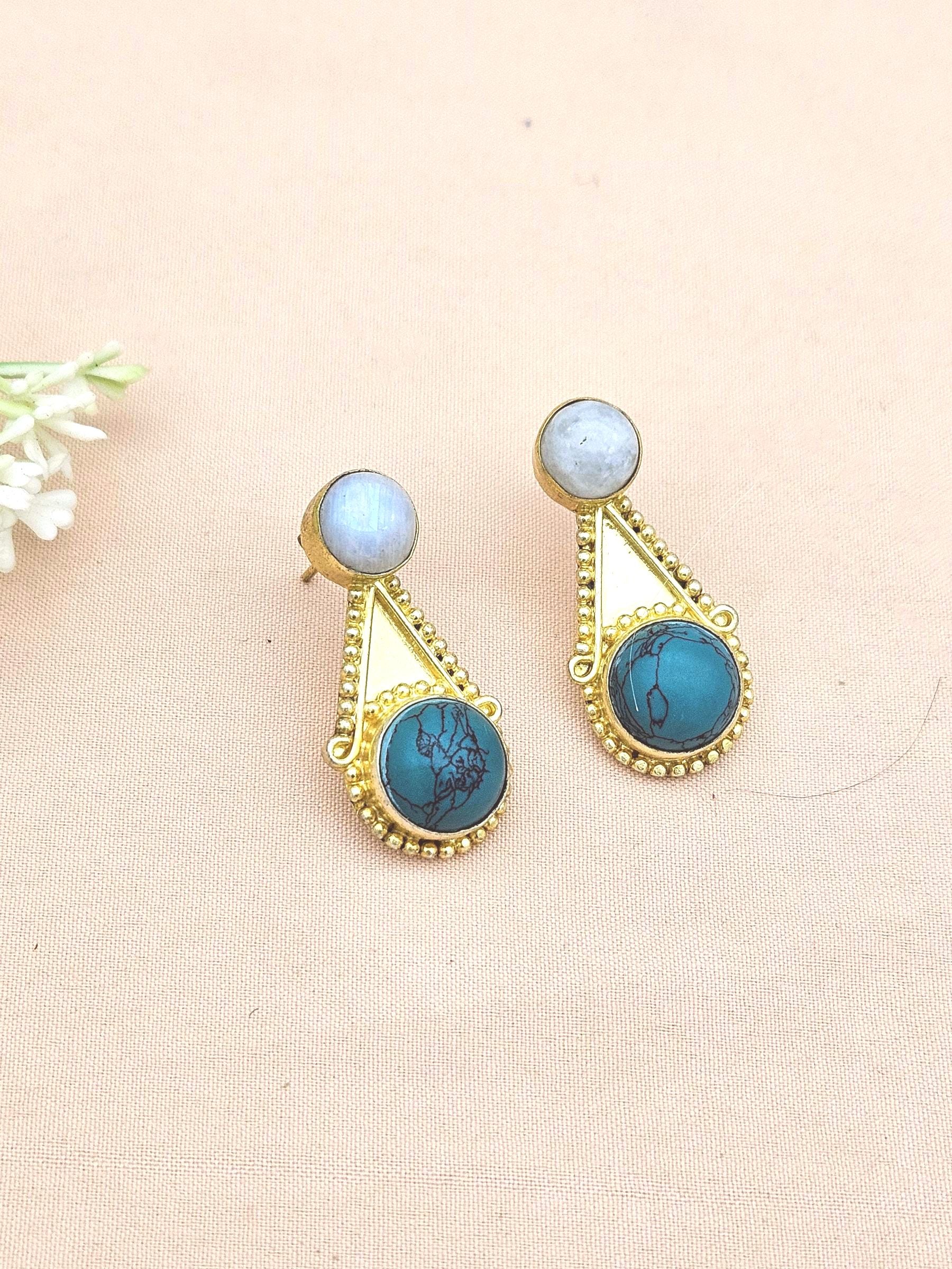 Awesome Gold plated Rainbow-Turquoise Stone Designer light Weight Statement Earrings