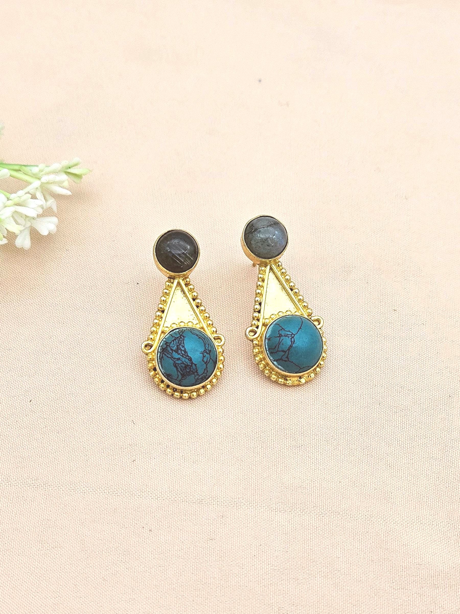 Awesome Gold plated Labradorite - Turquoise Stone Designer light Weight Statement Earrings