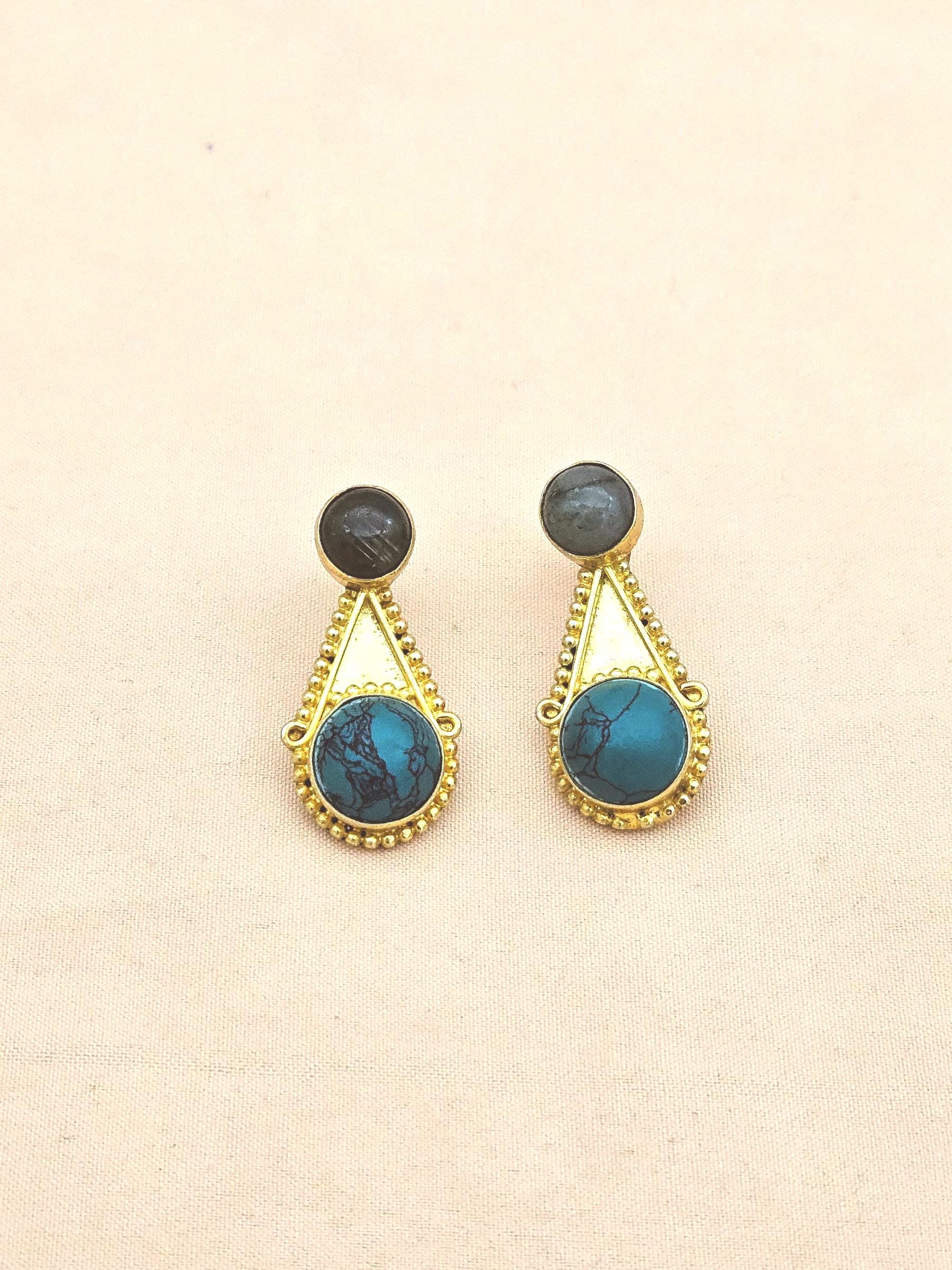 Awesome Gold plated Labradorite - Turquoise Stone Designer light Weight Statement Earrings