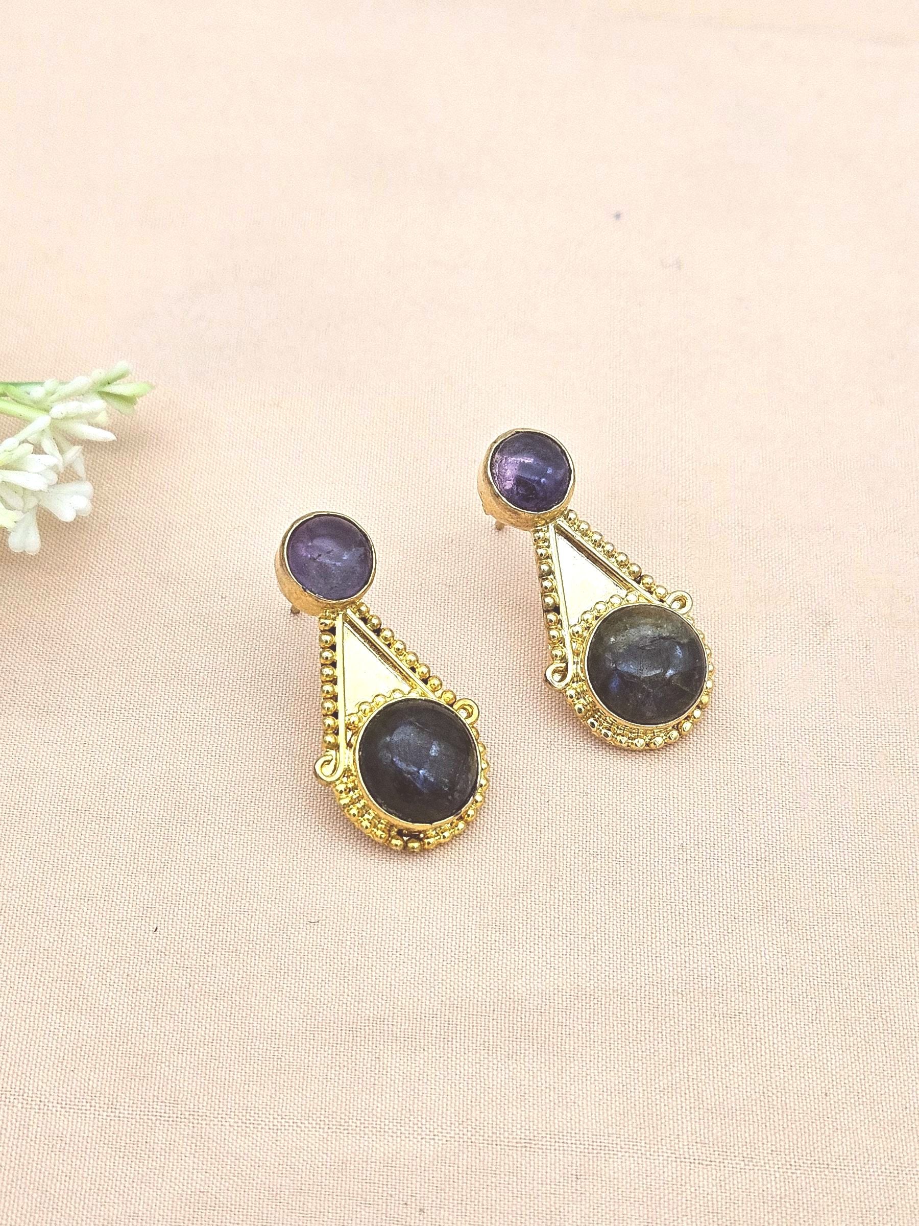 Awesome Gold plated Amethyst - Labradorite Stone Designer light Weight Statement Earrings
